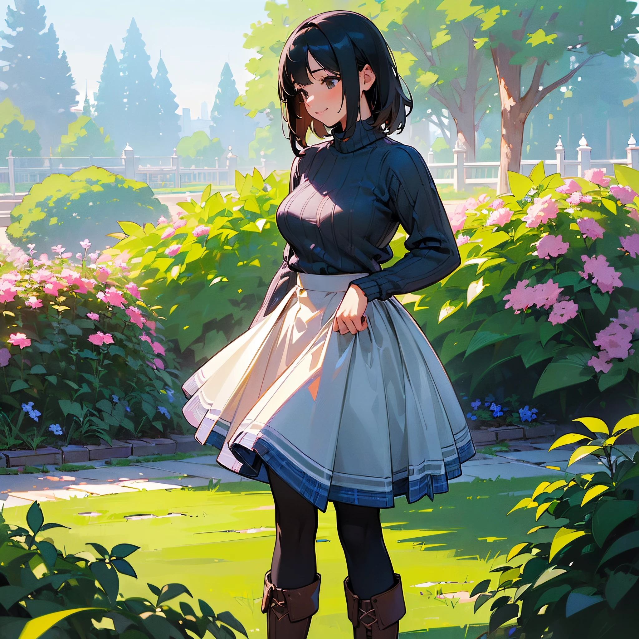 (High quality, High resolution, Ultra-detailed, Realistic:1.37), peaceful ambiance, (plein air, garden), girl standing alone, (My breasts are big.), Beautiful detailed features, Cute smile, (Black bob hair), Ribbed sweater, blue plaid skirt, Black tights, Brown boots.