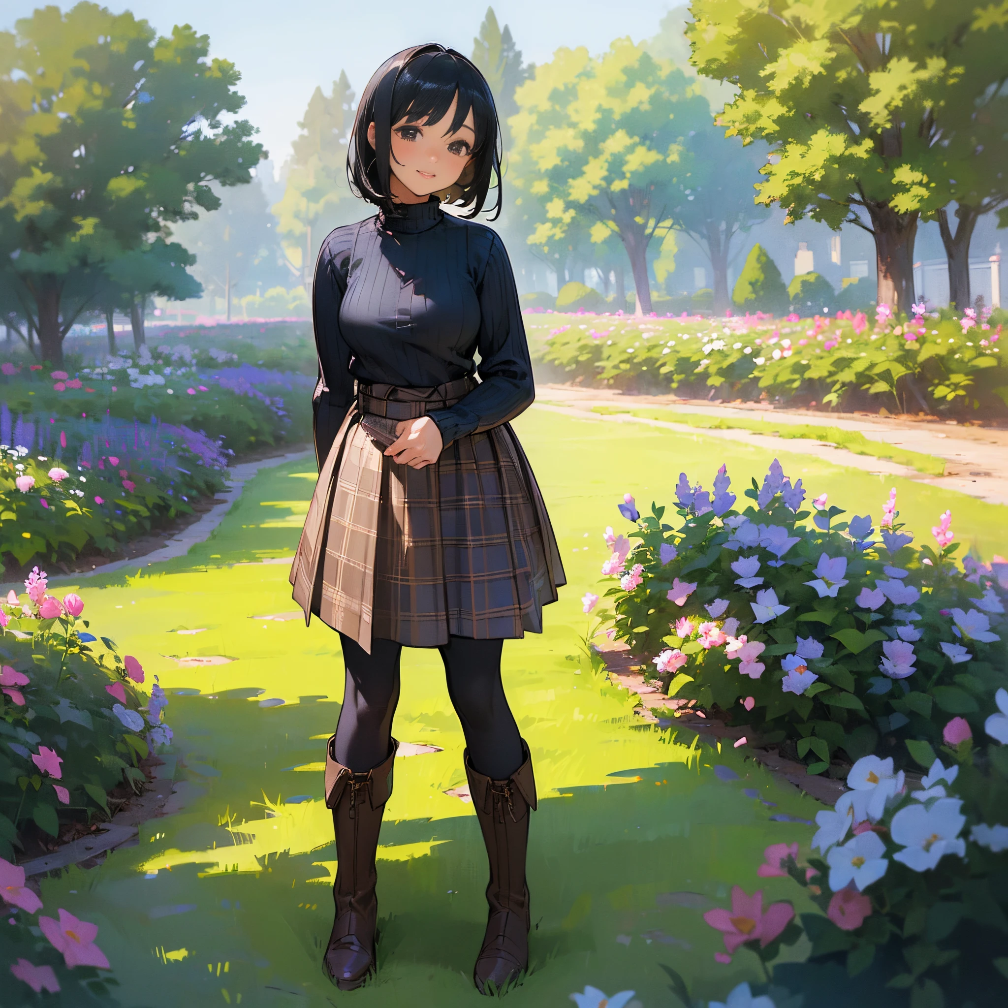 (High quality, High resolution, Ultra-detailed, Realistic:1.37), peaceful ambiance, (plein air, garden), age girl standing alone, (My breasts are big.), Beautiful detailed features, Cute smile, (Black bob hair), Ribbed sweater, blue plaid skirt, Black tights, Brown boots.