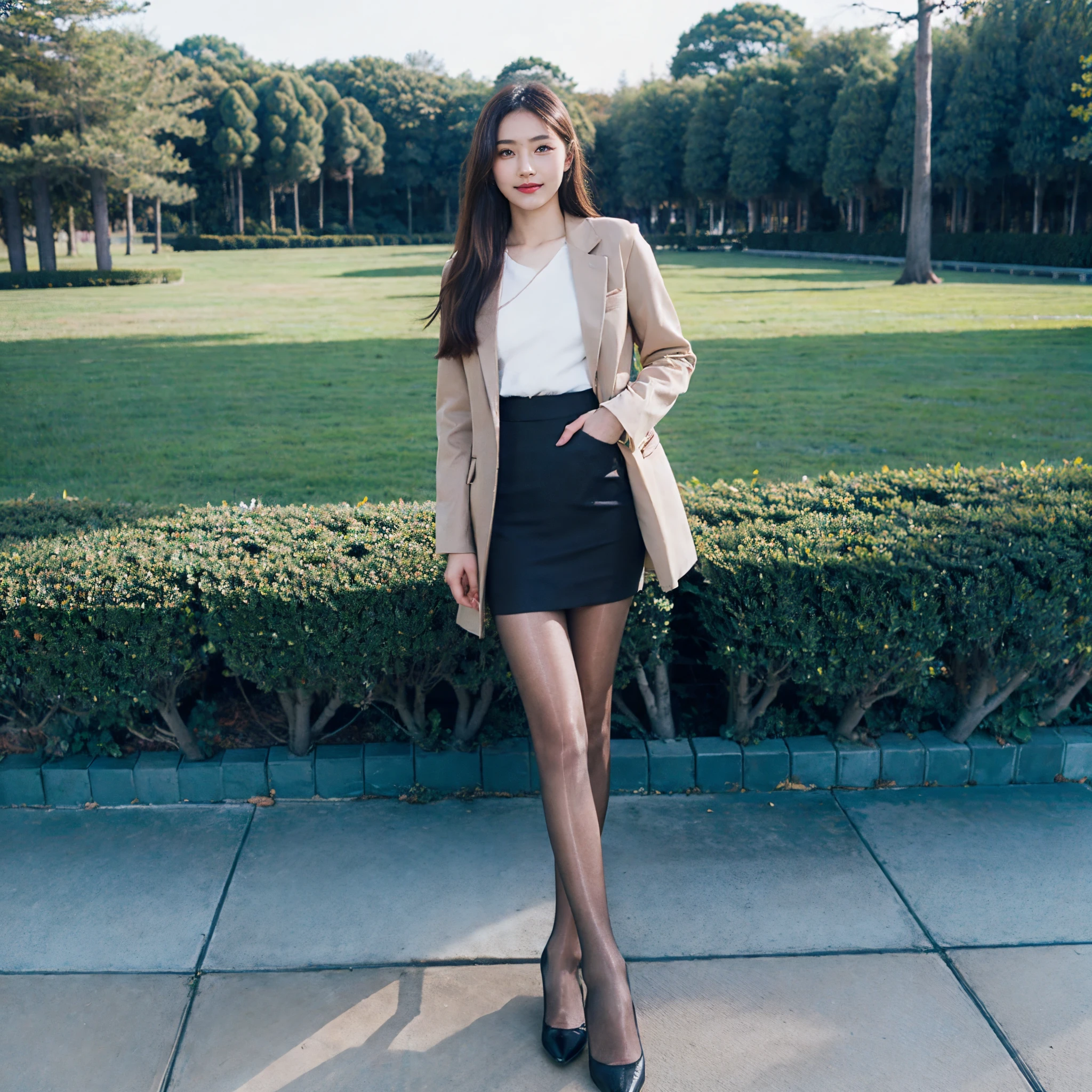 tmasterpiece, Best quality, 1 Sister, The beautiful, the good, Exquisite, extremly intricate, detailed hair, Brown hair, jaket, (tmasterpiece)), Very meticulous, Best quality, A high resolution, ((at park)),, ssmile,  Skin color pantyhose，a black skirt，Black  top，In Park，The stands up，Flesh-colored pantyhose