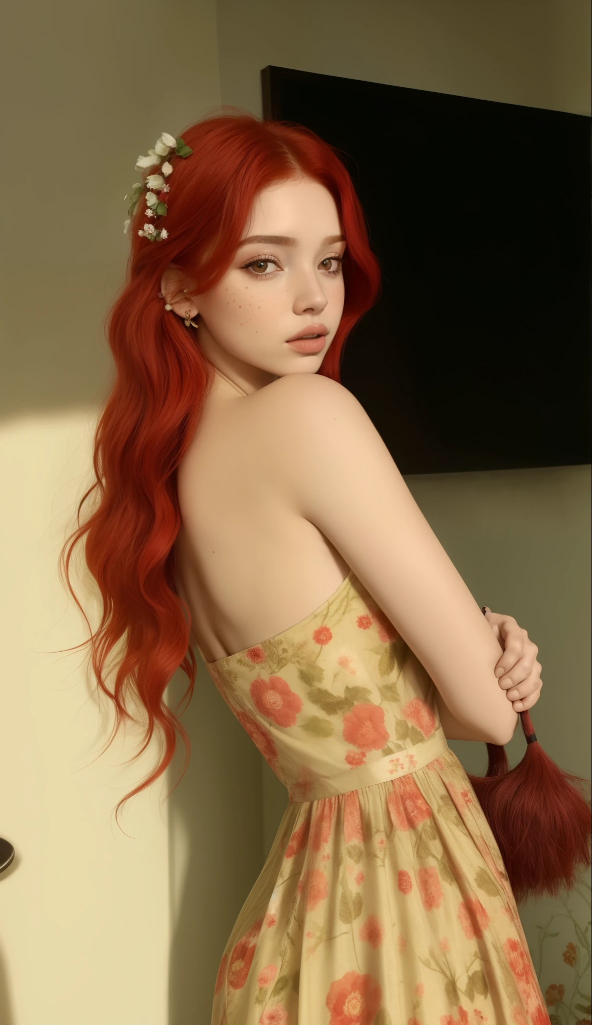 Mujer arafed con cabello rojo y un vestido floral posando para una foto., Cabello de jengibre que fluye, Cabello largo y rojo brillante, Cabello largo de jengibre, Fregadero Sadie, Pelo largo rizado de color rojo, Cabello ondulado de jengibre, Eleanor Tomlinson, con cabello rojo rizado, Diosa pelirroja, Pelo de jengibre con pecas, Pelo largo y rojo, con el pelo largo y rojo, Hada Ellie Bamber