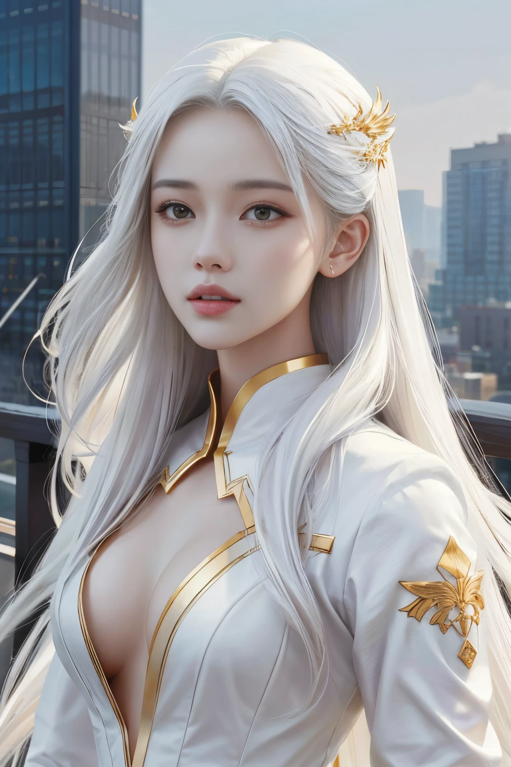 tmasterpiece, Best quality at best, (focused only), (s the perfect face:1.1), (high detal:1.1),dramatics, 1人, (pale-skinned), Long white hair, White eyes, Alone, long whitr hair, themoon, the night, white luxury suit, Cover the navel, ,Covered with, The city of the future, detailedbackground, Art by Artgerm and Greg Rutkowski,  电影灯光,