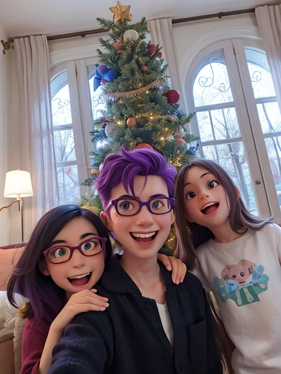 there are three girls that are posing for a picture in front of a christmas tree, with a tree in the background, very silly looking, taken in the early 2020s, happy!!!, trees!!, family photo, trees in the background, taken in 2 0 2 0, in a tree, goth family, 4k still, 8k selfie photograph, purple hair, pajamas