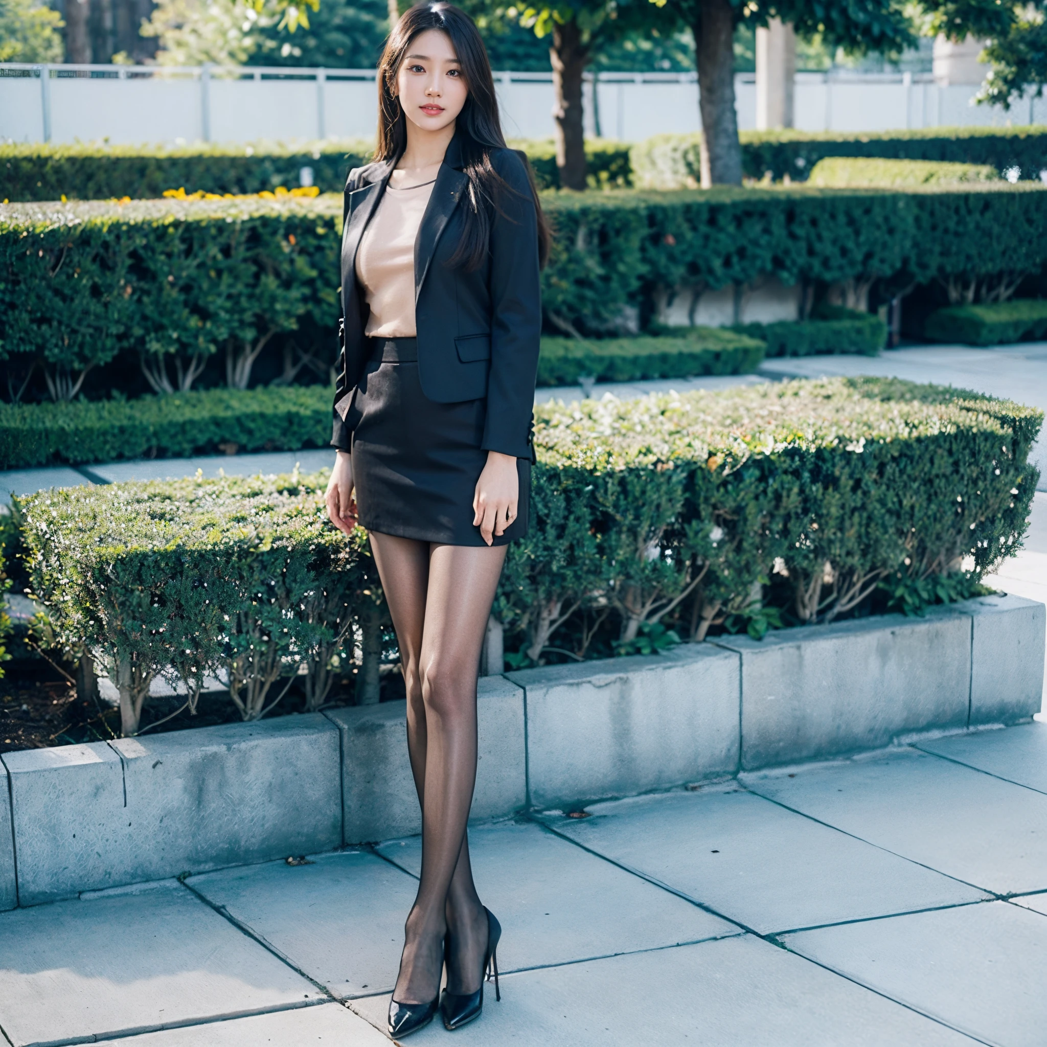 (8k、RAW Photos、highest quality、masterpiece:1.2)、(Realistic、Realistic)、1 girl、((large size black suit、red tie、rub my chest、Touching as if groping the breasts、Wide Stride、Leg spread、smile、I can see your chest、View from the front、Stand with hands on hips、In the city))、