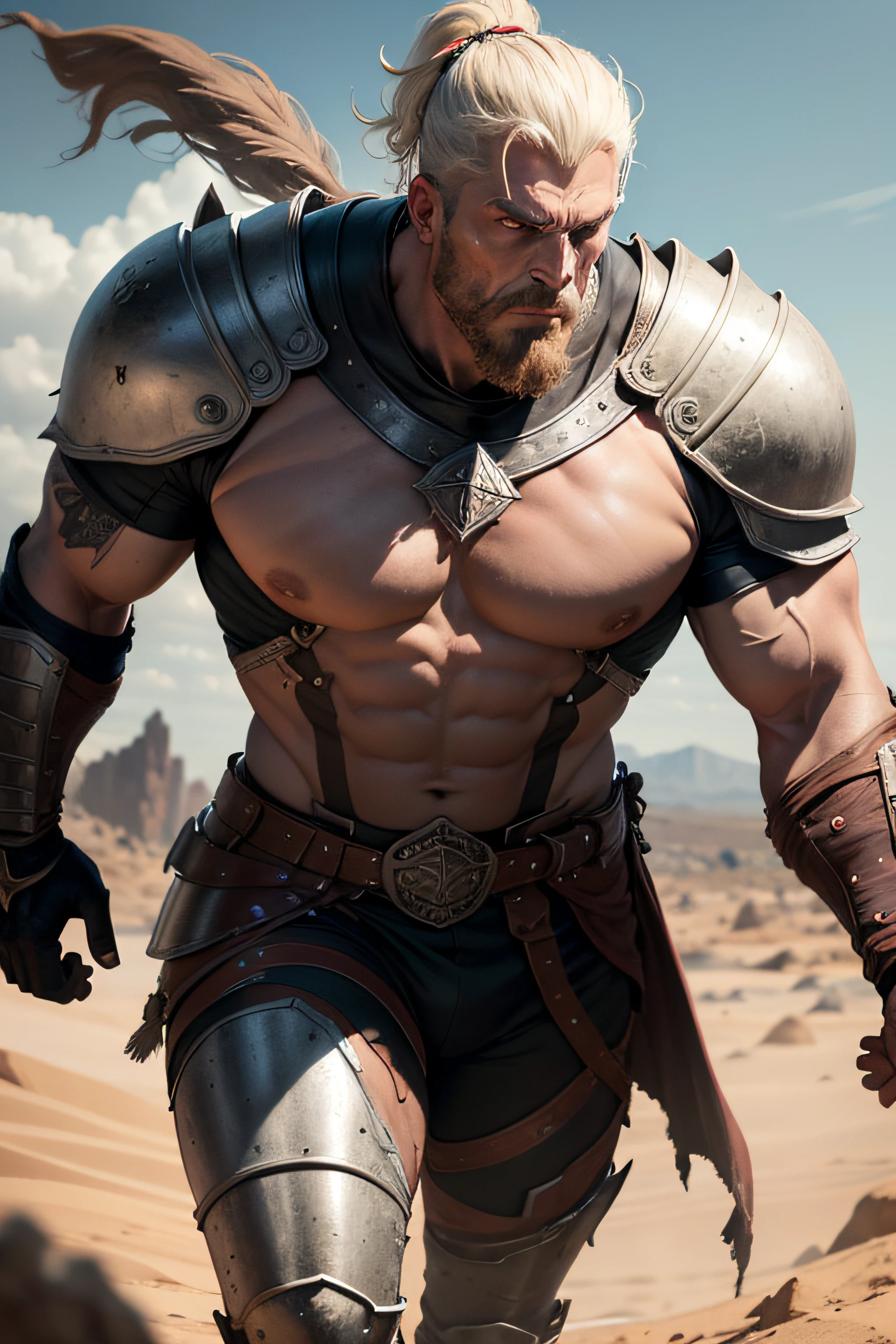 Haldor is an imposing human, com 1,90 metros de altura e olhos cinzentos penetrantes. His robust musculature is evidence of years of hard training and intense combat.. Marcado por cicatrizes de batalha, he carries the story of his unwavering resistance. Clad in tough leather armor and wielding a sharp warblade, Haldor is a formidable presence, standing out among the arid lands that shaped his youth.