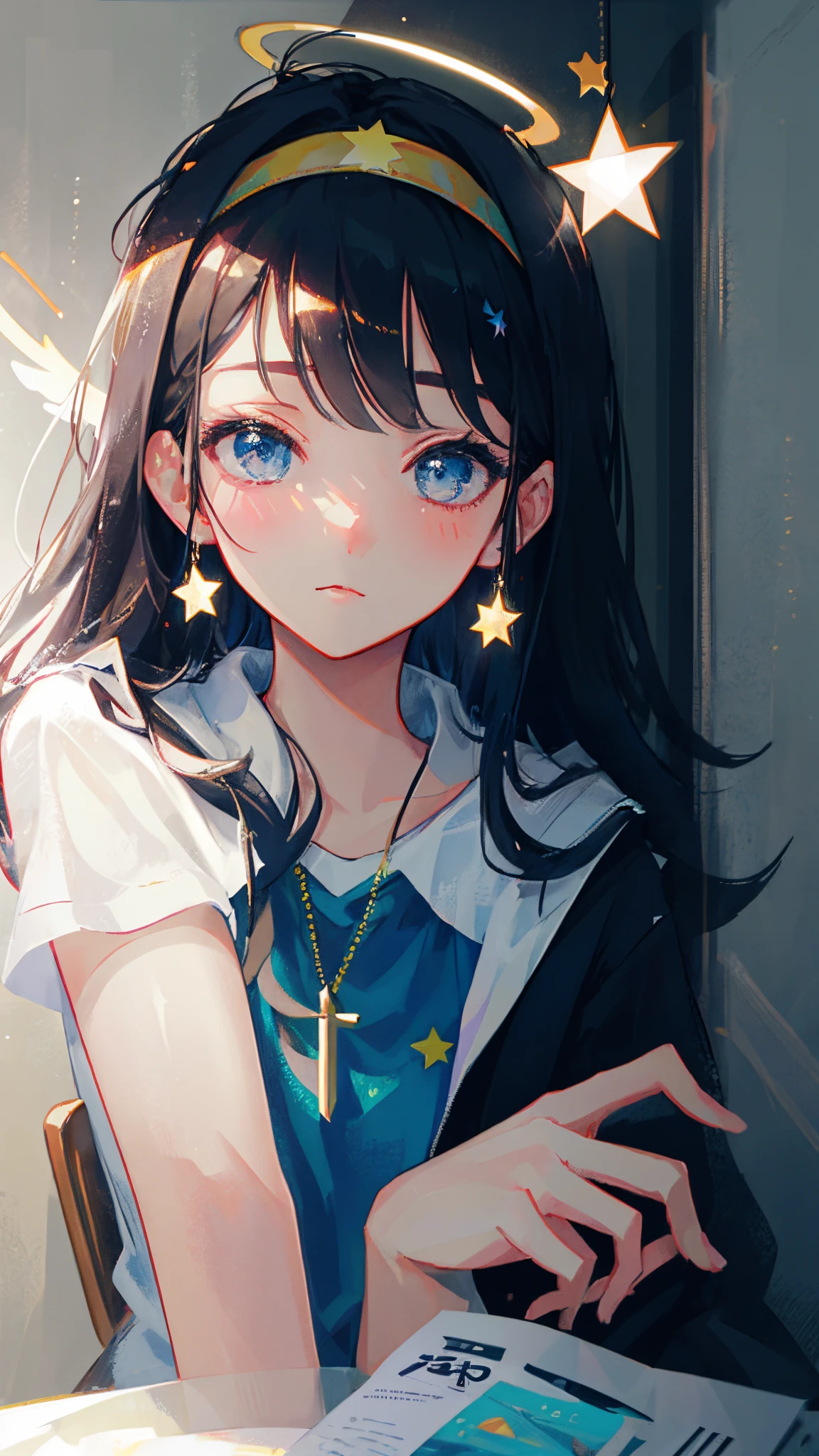 a close up of a woman with a headband with stars on it, with stars, with kind face, wearing angel halo, with accurate face, blurry image, tumblr, face picture, asian face, wearing angel halo covered face, with round face, face  brightly lit, potrait, profile image, stars in her eyes, background  heavenly, non blurry