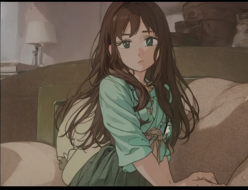 A beautiful woman with long brown hair is standing in a green dress.。