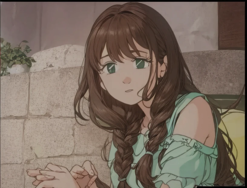A beautiful woman with long brown hair is standing in a green dress.。