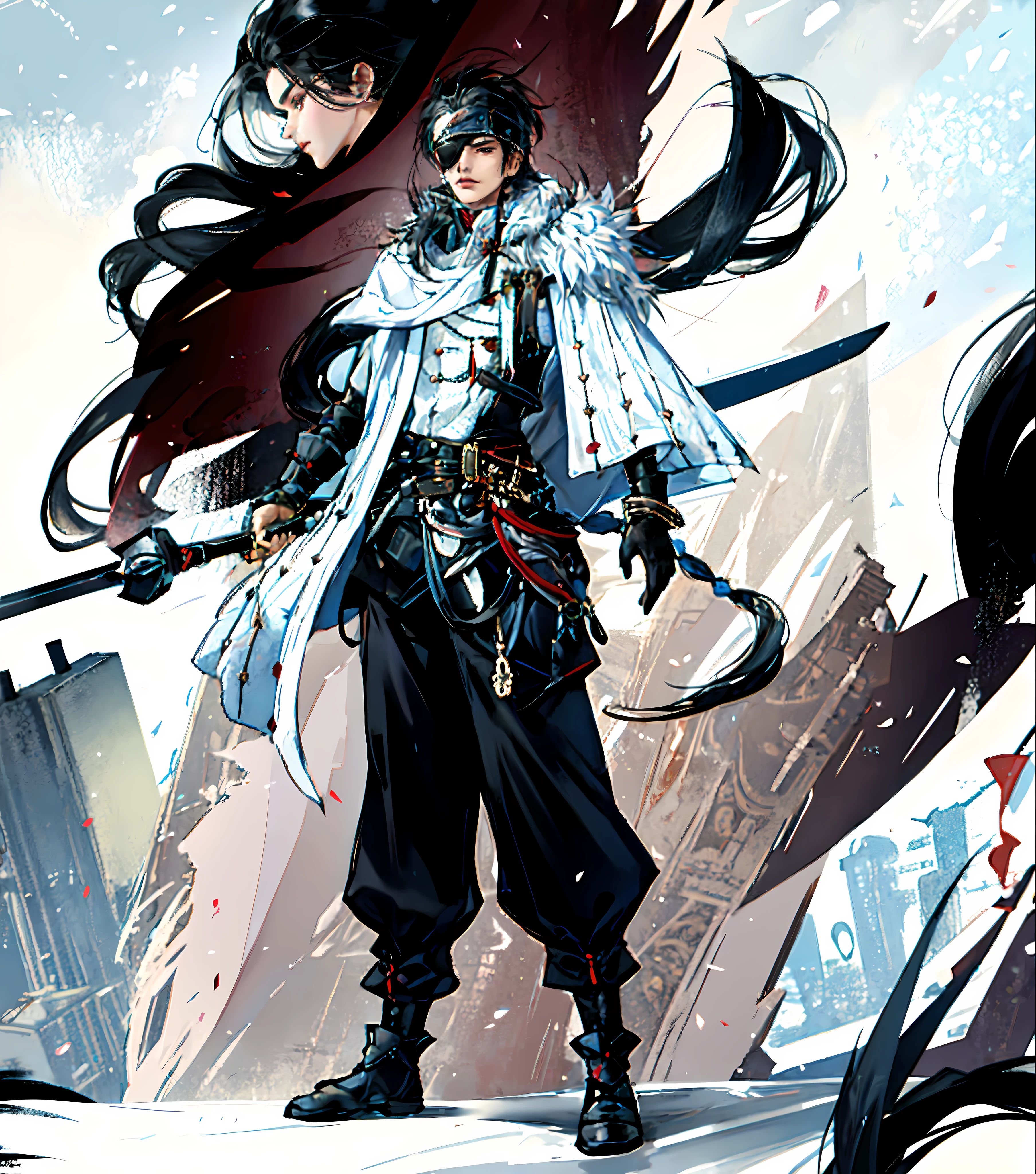 1boy, long hair, black hair, white coat, fur trim, black pants, flowing  and leather armor, sword, Eye patch, muscle, masterpiece, high resulotion