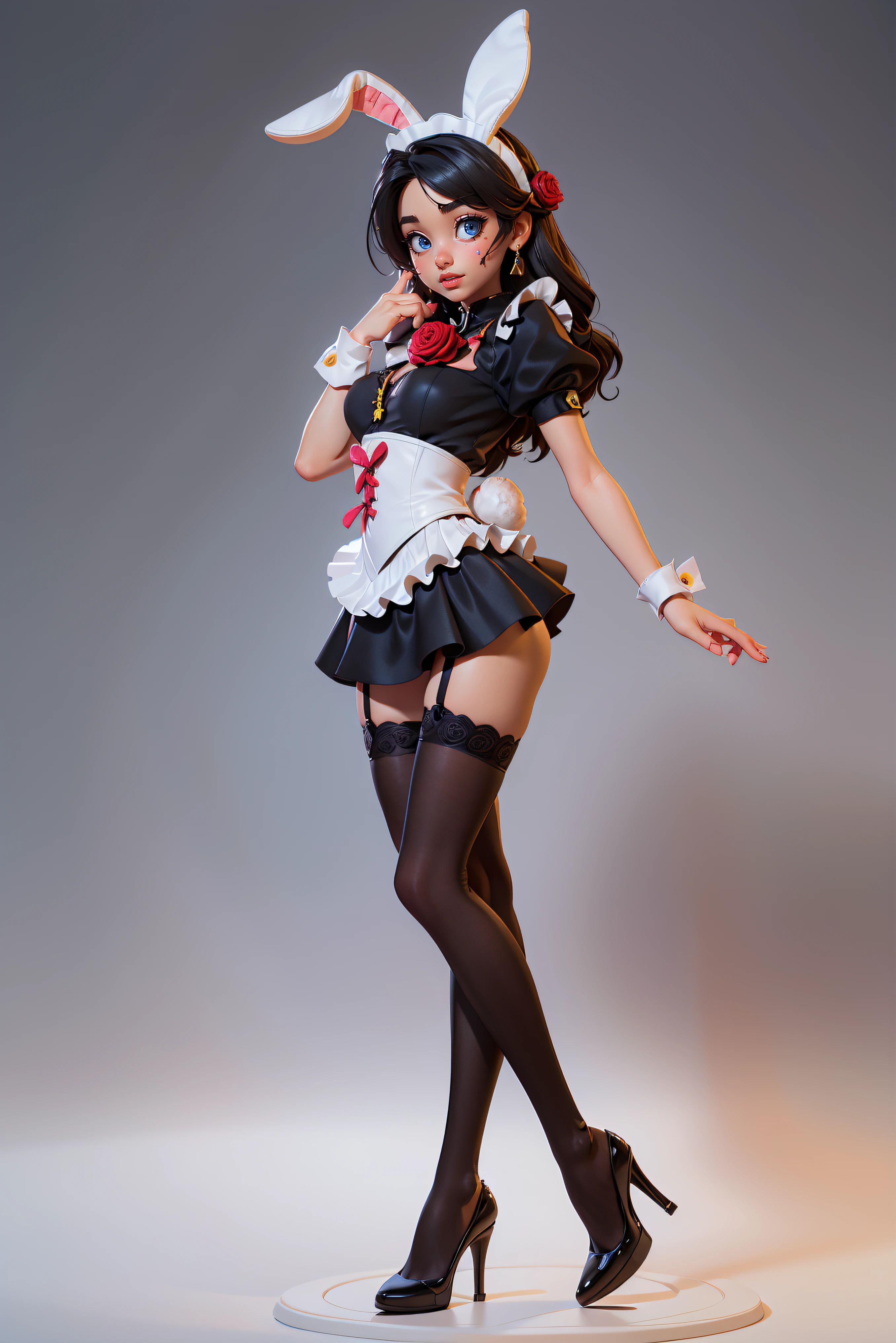 masterpiece, high res, 4k, (perfect anatomy:1.5), perfect long legs, perfect arms, white bunny ears, long black hair, maid outfit, (black stockings), black high heels, cute face, rose cheeks, tiny body, medium breasts, sexy pose, sexy body