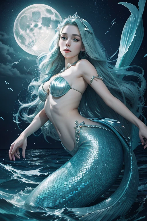 gorgeous deep sea siren, mermaid, pretty, moonlight over the water, pearlescent mermaid tail, pearls and water, innocent girl, light and airy
