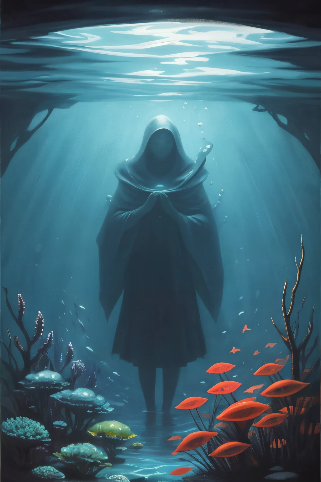 mysterious vision, under water, gloomily, darkly, a painting