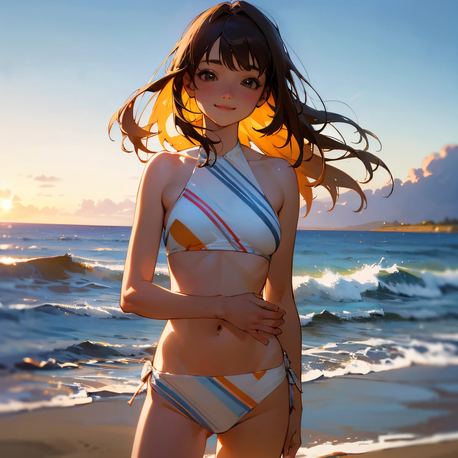 Bloom、lensflare、(8k、RAW、proffesional、top-quality、masterpiece:1.2)、(realisitic、Photorealsitic:1.37)、ultra-detailliert、(25mm portrait wide angle)、(Highest Details Skins:1.2)、(Supreme Detail Face:1.2)、Cinematographic lighting、1girl in、Brown straight hair、(Windy)、standing at the beach、looking in camera、The bikini、polite smile