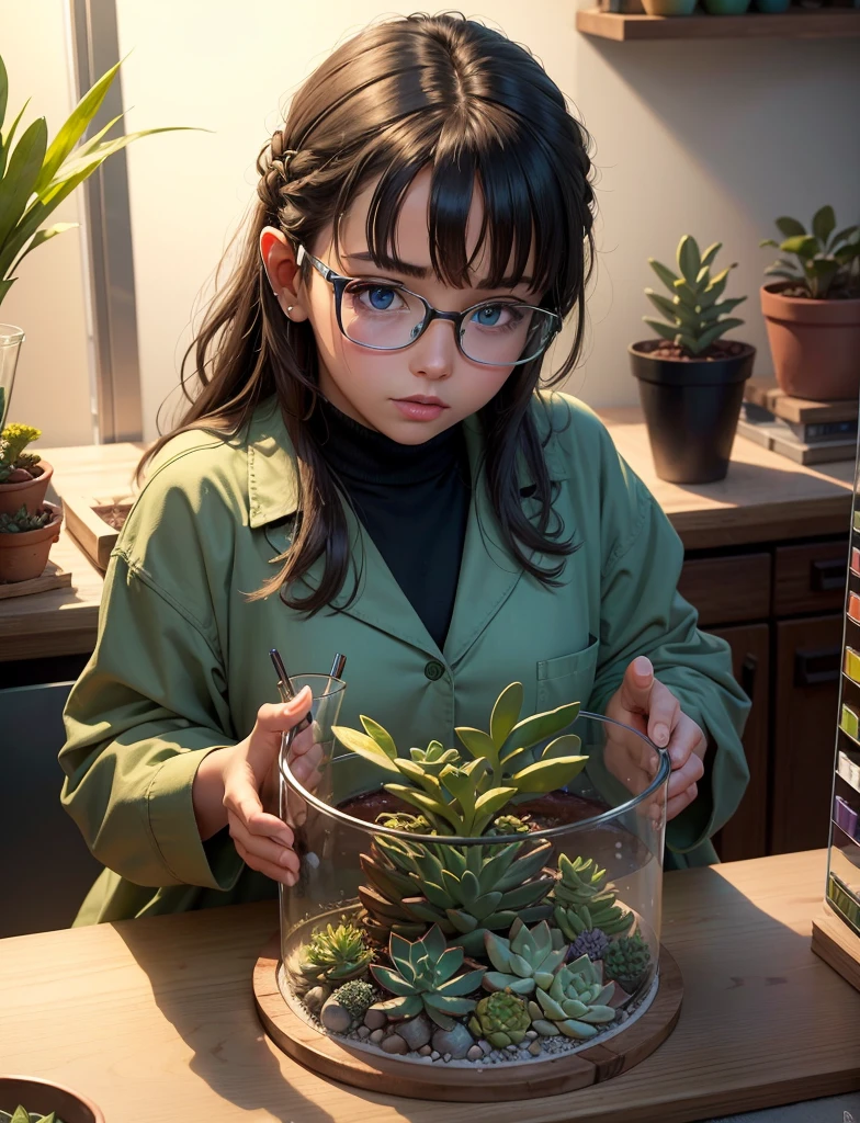 A girl arranging succulents in a molecular gastronomy set-up, surrounded by vibrant scientific glassware, beautifully detailed eyes and lips, wearing a white lab coat, carefully examining the succulent leaves under a microscope, with a focused expression and intense curiosity. The medium is a hyperrealistic painting that captures the intricate textures and colors of the succulents and the scientific equipment. Additional details include a variety of succulent species with different shapes and colors, a lab table filled with test tubes, beakers, and pipettes, and a background consisting of shelves lined with glass containers holding colorful liquids. The image quality is of the highest standard (best quality, 4k, 8k, highres, masterpiece:1.2), with ultra-detailed features and a realistic, photorealistic (photo-realistic:1.37) rendering. The color palette leans towards vibrant greens, complemented by bursts of vivid hues from the succulents. The lighting is soft, natural, and evenly distributed, highlighting the intricate details of the succulents and the subtle reflections on the glassware.