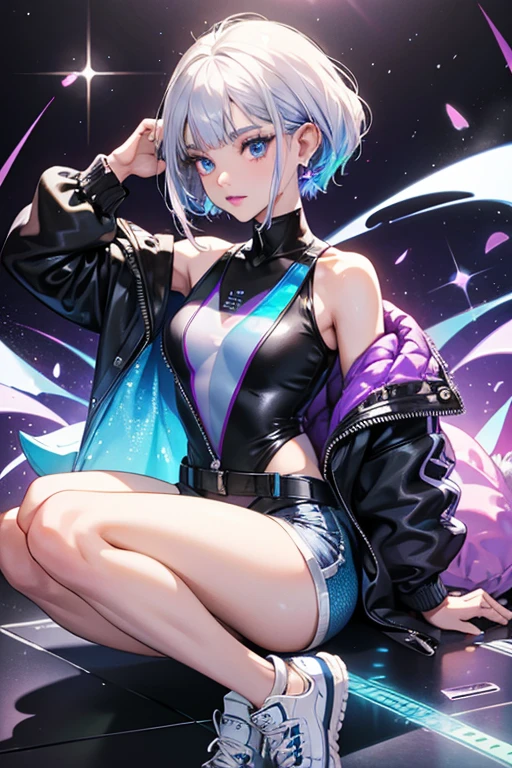 Dia is a dark indigo skinned girl with a medium build. She has shiny iridescent white hair styled in a short bob with holographic shine, blue eyes and black eyeliner, with iridescent white eyeliner bordering her whole eye, and glossy dark purple colored lips. Dia wears an iridescent white sparkly puffy jacket with “SH” patterns in a holographic material. She wears a glittery diamond one piece bodysuit underneath, Shadow High printed tank top with white holographic shorts with pockets showing. She also wears black laced tennis shoes with iridescent white soles attached with tiny strapped pouches on both sides of her footwear. For her accessories, she wears silver stud earrings, and silver white "SH" printed framed sunglasses. Her fingernails are painted iridescent white, and are pointy.