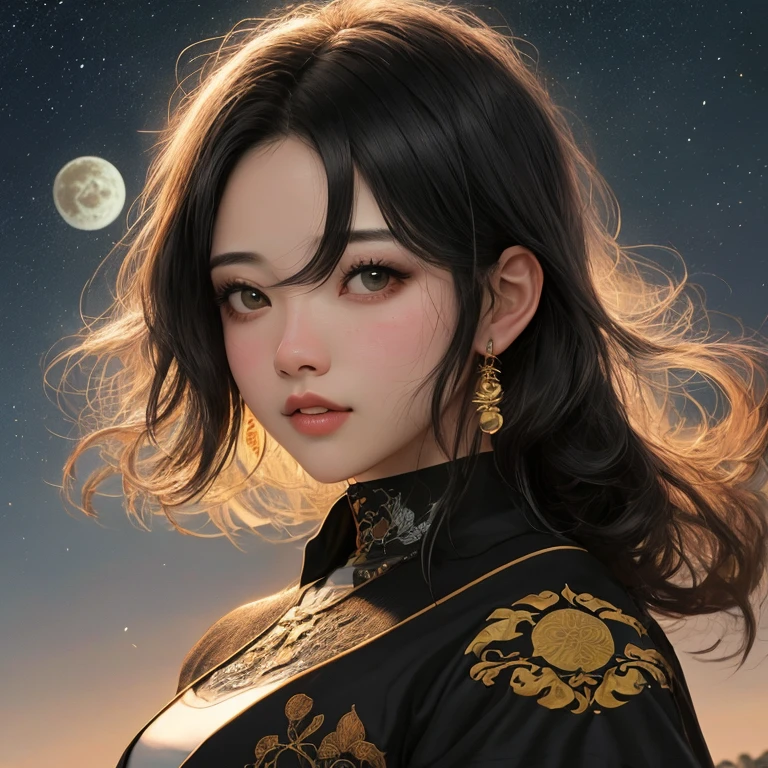 amor sob o fundo da lua de prata Na frente eu quero dois adultos uma mulher de 30 anos , long black hair and a man asian hair neck length fair skin black (master part) 8K resolution, Ir.. luz, Jovem bonito olhando para a lua, Deus Senhor, cabelo longo liso preto, hazelnut eyes, olhos negros, cara triste, roupas japonesas, Mizudry, estilo fantasia,