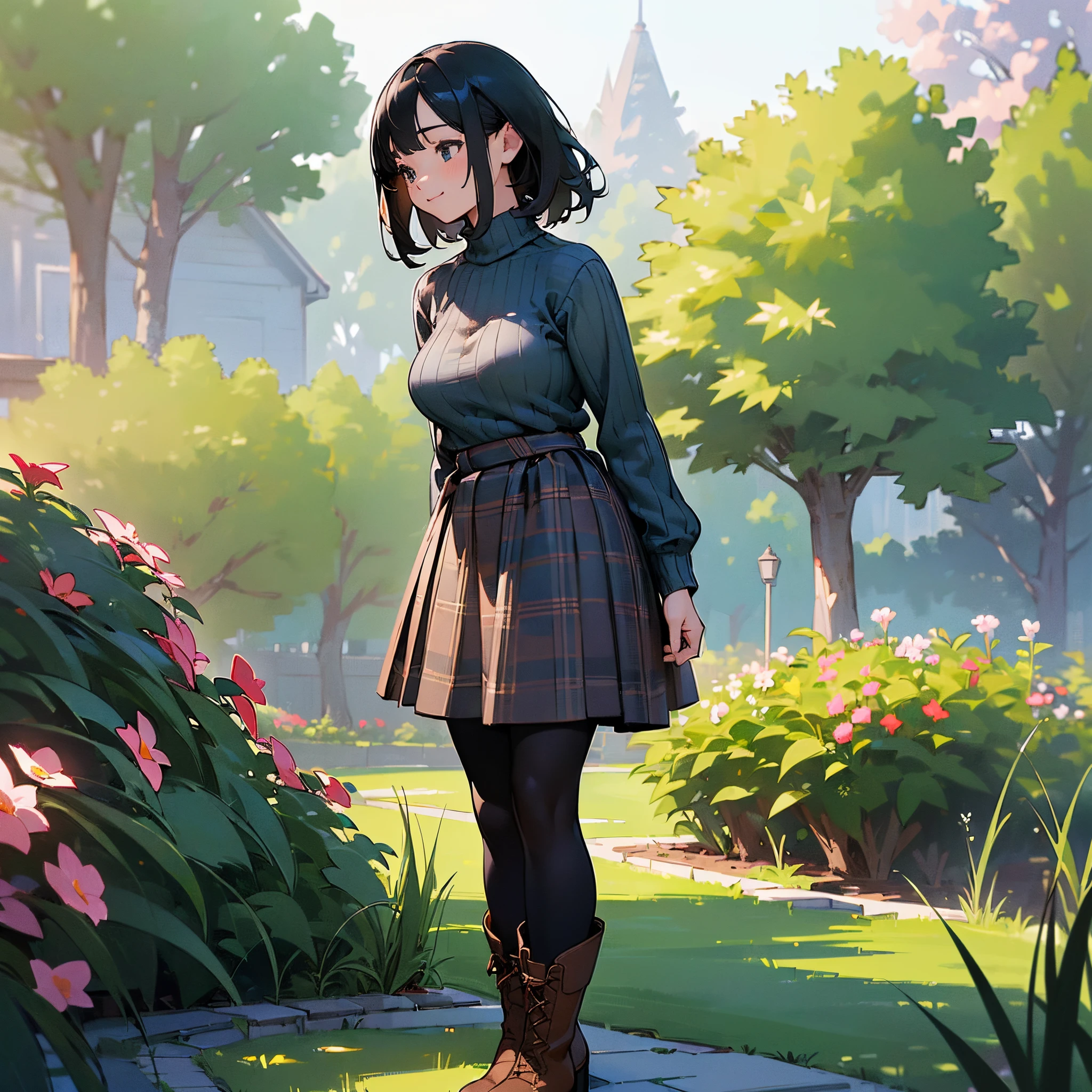(High quality, High resolution, Ultra-detailed, Realistic:1.37), peaceful ambiance, (plein air, garden), age girl standing alone, (My breasts are big.), Beautiful detailed features, Cute smile, (Black bob hair), Ribbed sweater, blue plaid skirt, Black tights, Brown boots.