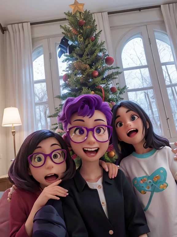 there are three girls that are posing for a picture in front of a christmas tree, with a tree in the background, very silly looking, taken in the early 2020s, happy!!!, trees!!, family photo, trees in the background, taken in 2 0 2 0, in a tree, goth family, 4k still, 8k selfie photograph, purple hair, pajamas