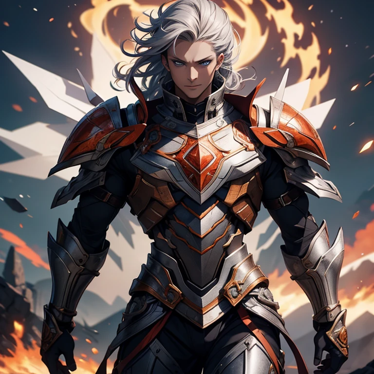 Master piece, 8k, ultra detailed, red armor, fire opal encrusted, muscular man, gray hair, blue eyes, confident smile, full body frame, vulcan eruption and blue lightnings blue light background
