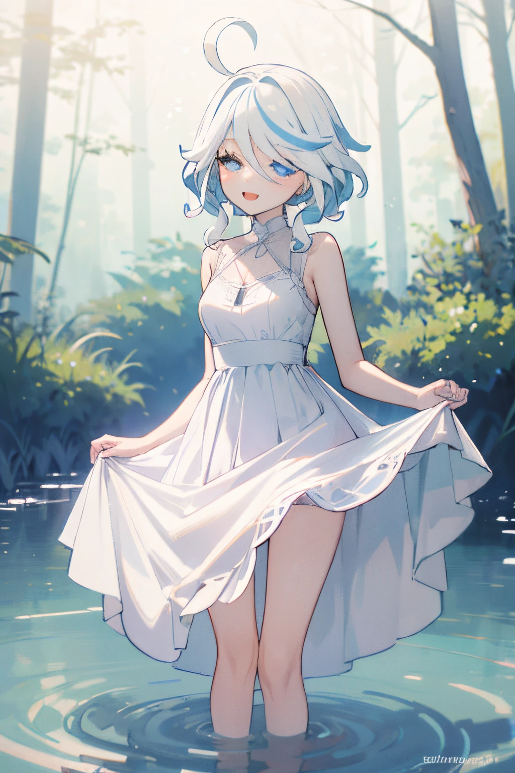 1girl, furina \(genshin impact\), heterochromia,  (sundress, white dress, sleeveless dress:1.2), bare legs, stream, wading, (skirt hold, curtsey: 1.2), looking at viewer, laughing, forest, depth of field