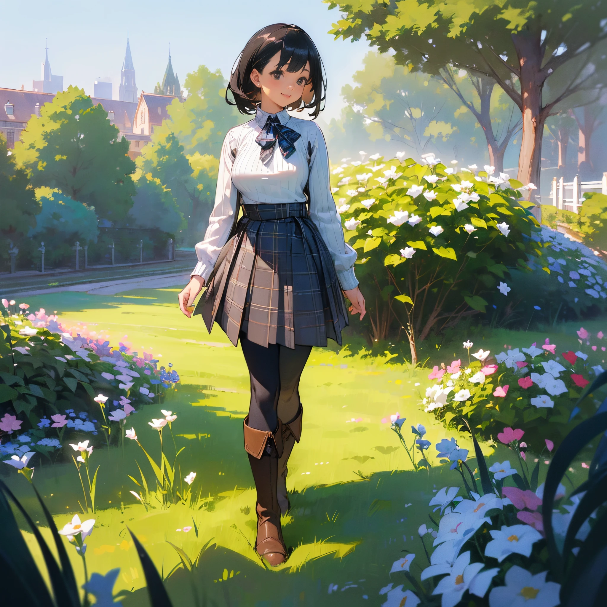 (High quality, High resolution, Ultra-detailed, Realistic:1.37), peaceful ambiance, (plein air, garden), Teenage girl standing alone, (My breasts are big.), Beautiful detailed features, Cute smile, (Black bob hair), Ribbed sweater, blue plaid skirt, Black tights, Brown boots.