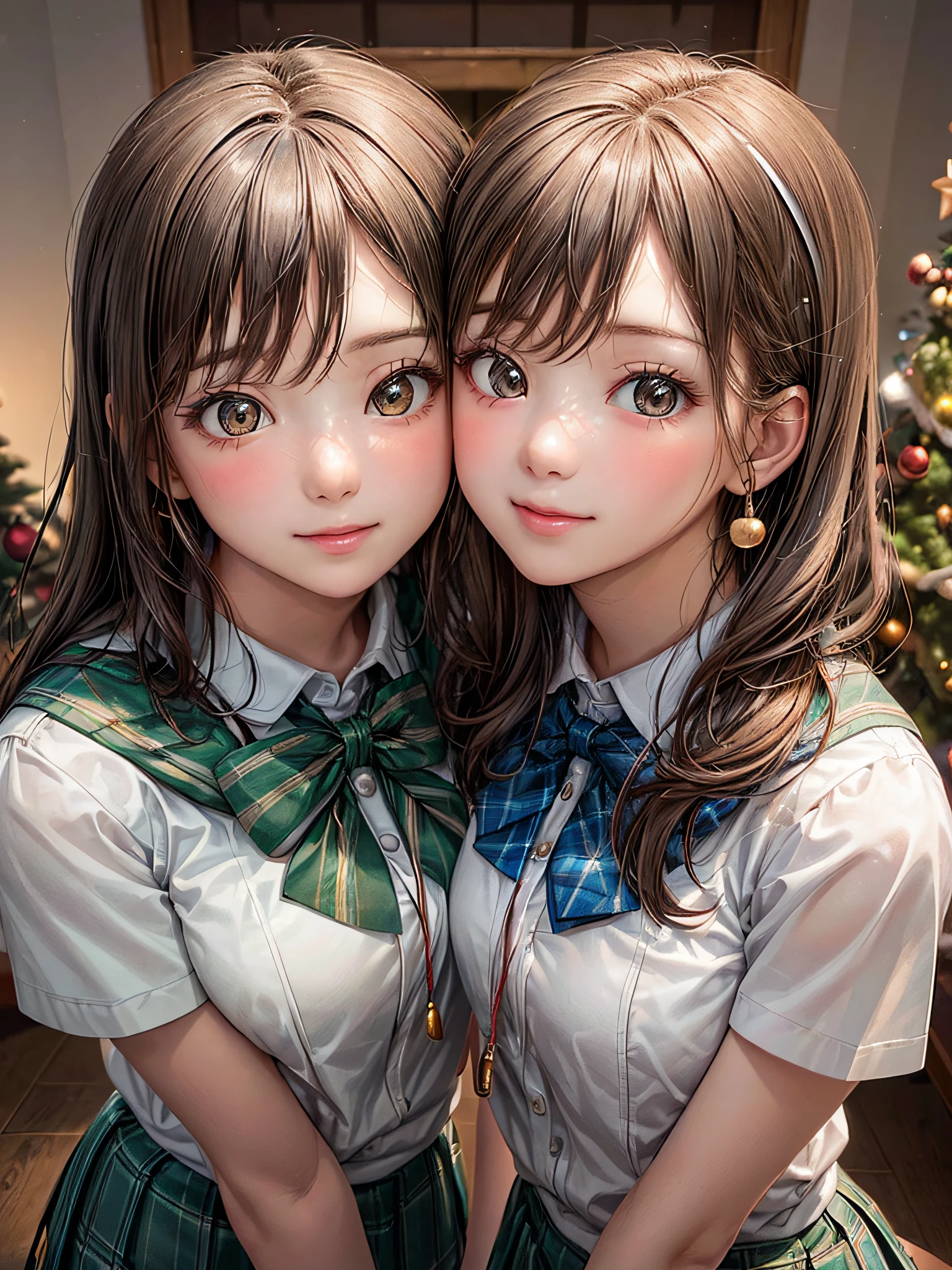 (2girls:1.4), Extremely cute, amazing face and eyes beautiful nice smile), (extremely detailed beautiful face), bright and shiny lips, (School uniform, Pleated skirt:1.3), (Best Quality:1.4), (hyper quality), (Ultra-detailed), (Hyper-realistic, Photorealsitic:1.37), Authentic skin texture, intricate-detail, extremely detailed CG unified 8k wallpaper, RAW Photos, professional photograpy, Cinematic lighting, Exposing, Christmas tree, Christmas Ornaments, Christmas Decorations, Christmas Lights, Christmas Lights,