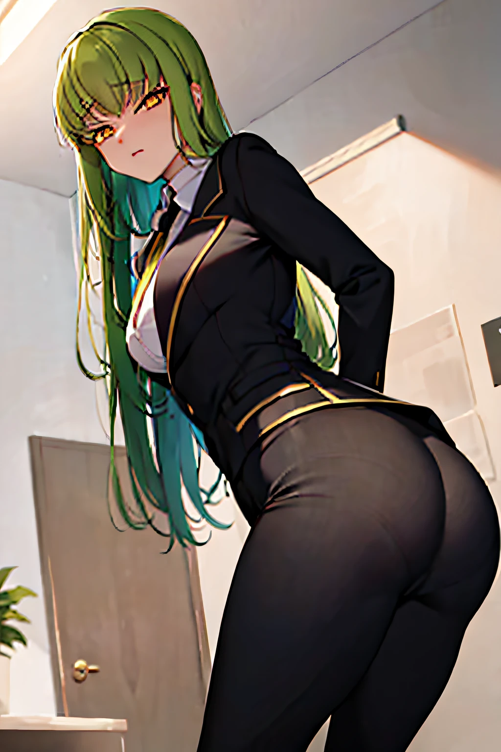 masterpiece, best quality, ultra-detailed, solo, shirt, long_sleeves, white_shirt, collared_shirt, pants, black_pants, formal, suit, arm_behind_back, shirt_tucked_in, office_lady, business_suit, high-waist_pants, volumetric lighting, best quality, masterpiece, intricate details, sharp focus, hyper detailed,, c.c., yellow_eyes, green hair, black necktie, black chocker, looking behind, butt to camera