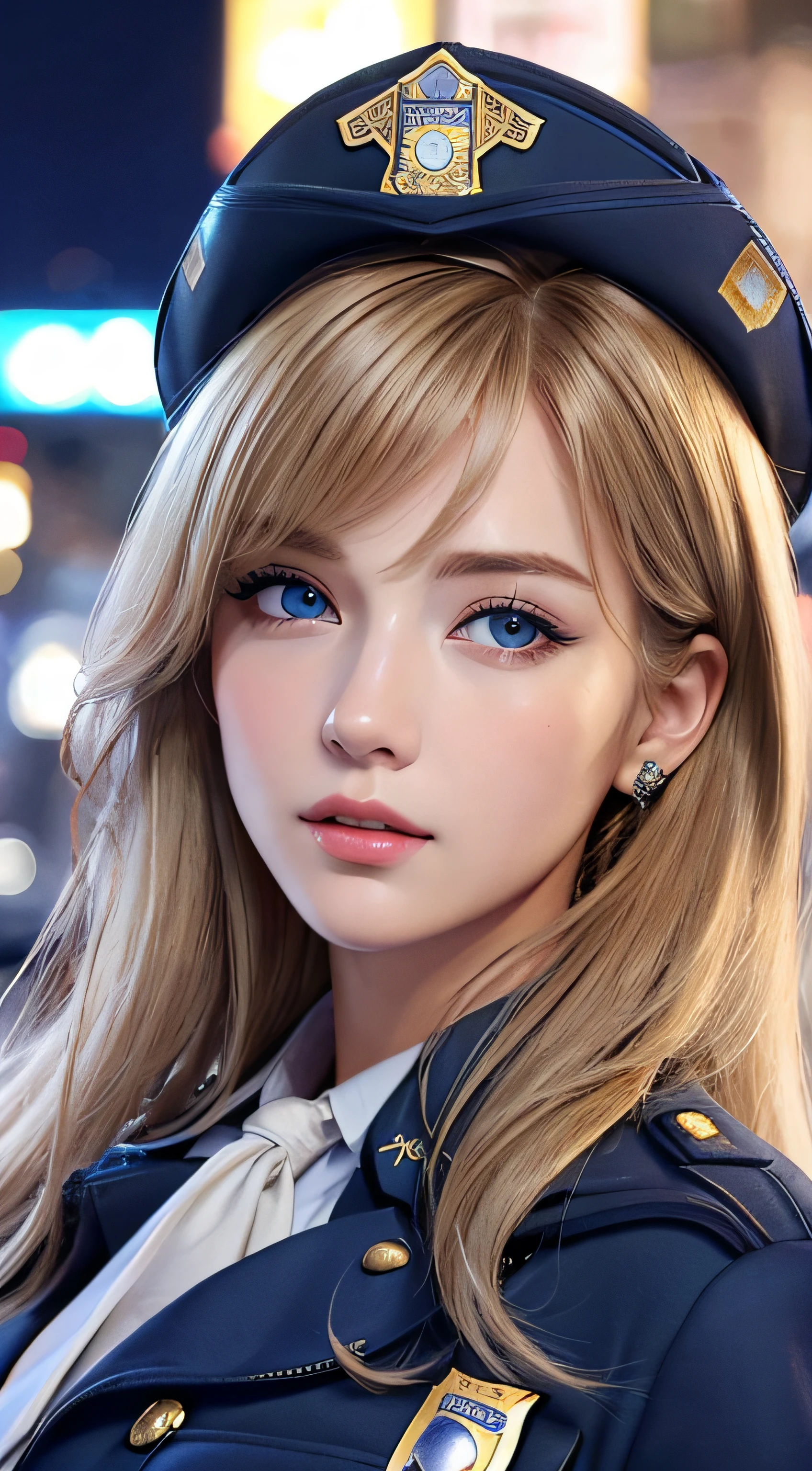 top-quality、hight resolution、ultra-detailliert、​masterpiece、Raw photography:2、realisitic:2、Photorealsitic:2、extremely delicate and beautiful、finely detail、 1womanl、(Super beautiful)、(beauitful face:1.5)、(A detailed face:1.5)、gala k-up、(lip stick:1.1)、(eye line:1.2)、mascara、eyeshadows、glamor、blue eyess、(Blonde and brown hair)、Wavy Hair、asymmetrical bangs、(new york police uniform:1.5)、city street at night、cowboy  shot