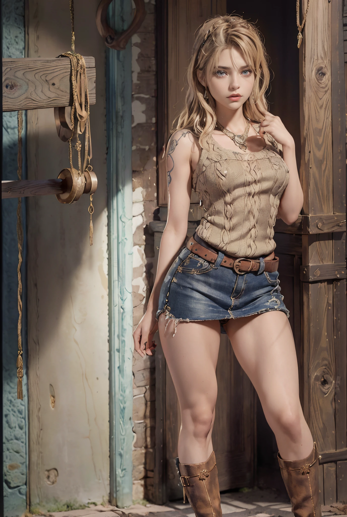 (cowboyshot: 1.2), (Ashley Graham (Ella Freya) \ (Resident Evil 4 Remake \), (ojos hermosos finamente detallados y cara detallace through thigh: 1.4), (disparo de rodilla: 1.2), cabello rubio, solo, dama, (fondo hermoso), :), Angle Dynamic, ojos azules, cara clara, (labios redondos muy gruesos), red lipstik, luz del sol, (cara brillante: 1.2), (caderas muy anchauslos muy gruesos), (Very defined toned physique), (musculosa), (esbelta), dynamic pose, (toma de cuerpo completo), solo, cabello rubio, ojos azules, cabello corto, pendientes, joyas, (sweater de color naranja sin mangas muy ajustado), (muslos descubiertoinifalda)), She wears a gorgeous mini skirt, botas