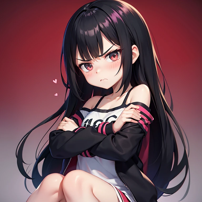 Short, anime, bratty, petite girl, angry, pouty face, shoulder length, black hair, arms crossed in casual clothing