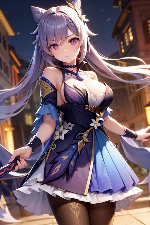 ((highly detailed)), genshin impact, keqing, perfect human hands,(great breast:1.1),relaxed pose, ((fit female)) , super perfct body curve, masterpiece, 4K, detailed, perfect face, (20 years old) language, fit figure, gorgeous perfect face, happy expression, realistic style and super detailed renderings, superrealism, super-realistic oil, contour shadow-procesull body portrait, standing, (((hands on waist))), high res, ultrasharp, 8K, masterpiece, looking at viewer, blushing, chinese city in the background, super detailed eyes, (beautifull eyes), (holding a sword:1.1), (((white dress:1.1))), ((cleavage:1.1)), ((showing boobs:1.1))