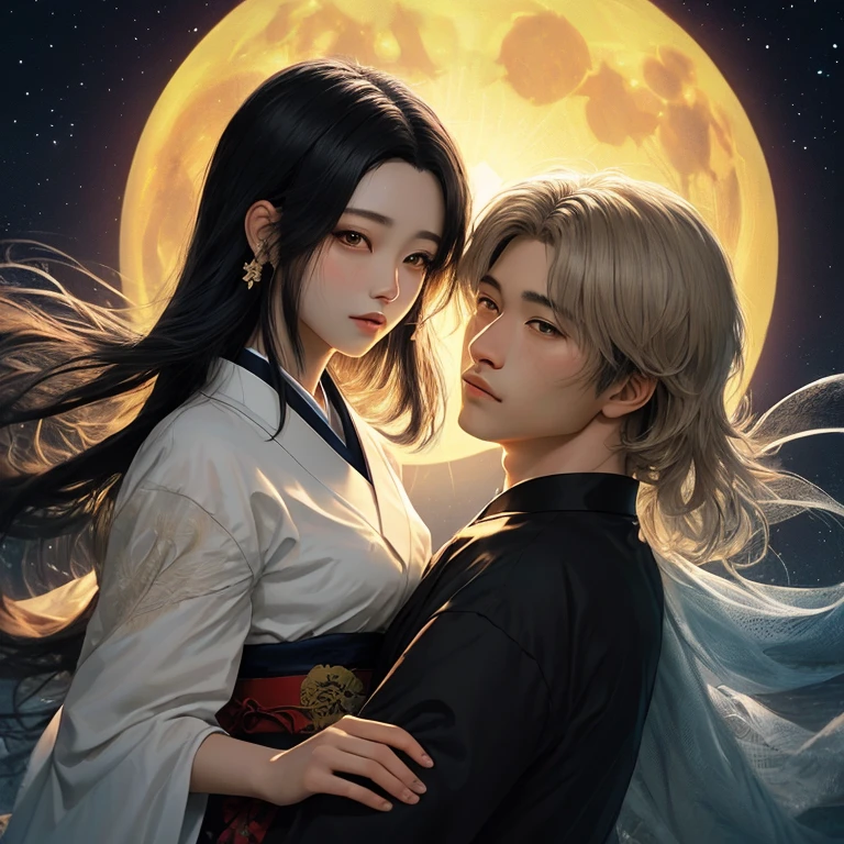 amor sob o fundo da lua prateada Na frente quero dois adultos uma kitsune de 30 anos, long black hair and a man Neck length Asian hair light skin black (master part) 8K resolution, Go.. Luz, Jovem bonito olhando para a lua, Deus Senhor, cabelo longo liso preto, hazelnut eyes, olhos negros, cara triste, Roupas japonesas, Mizudry, estilo fantasia,