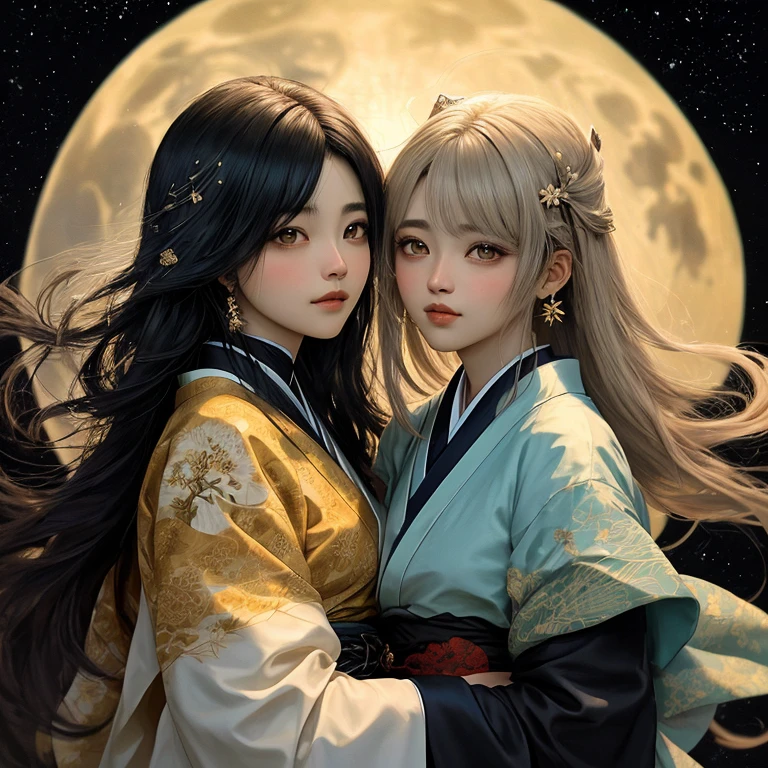 amor sob o fundo da lua prateada Na frente quero dois adultos uma kitsune de 30 anos, long black hair and a man Neck length Asian hair light skin black (master part) 8K resolution, Go.. Luz, Jovem bonito olhando para a lua, Deus Senhor, cabelo longo liso preto, hazelnut eyes, olhos negros, cara triste, Roupas japonesas, Mizudry, estilo fantasia,