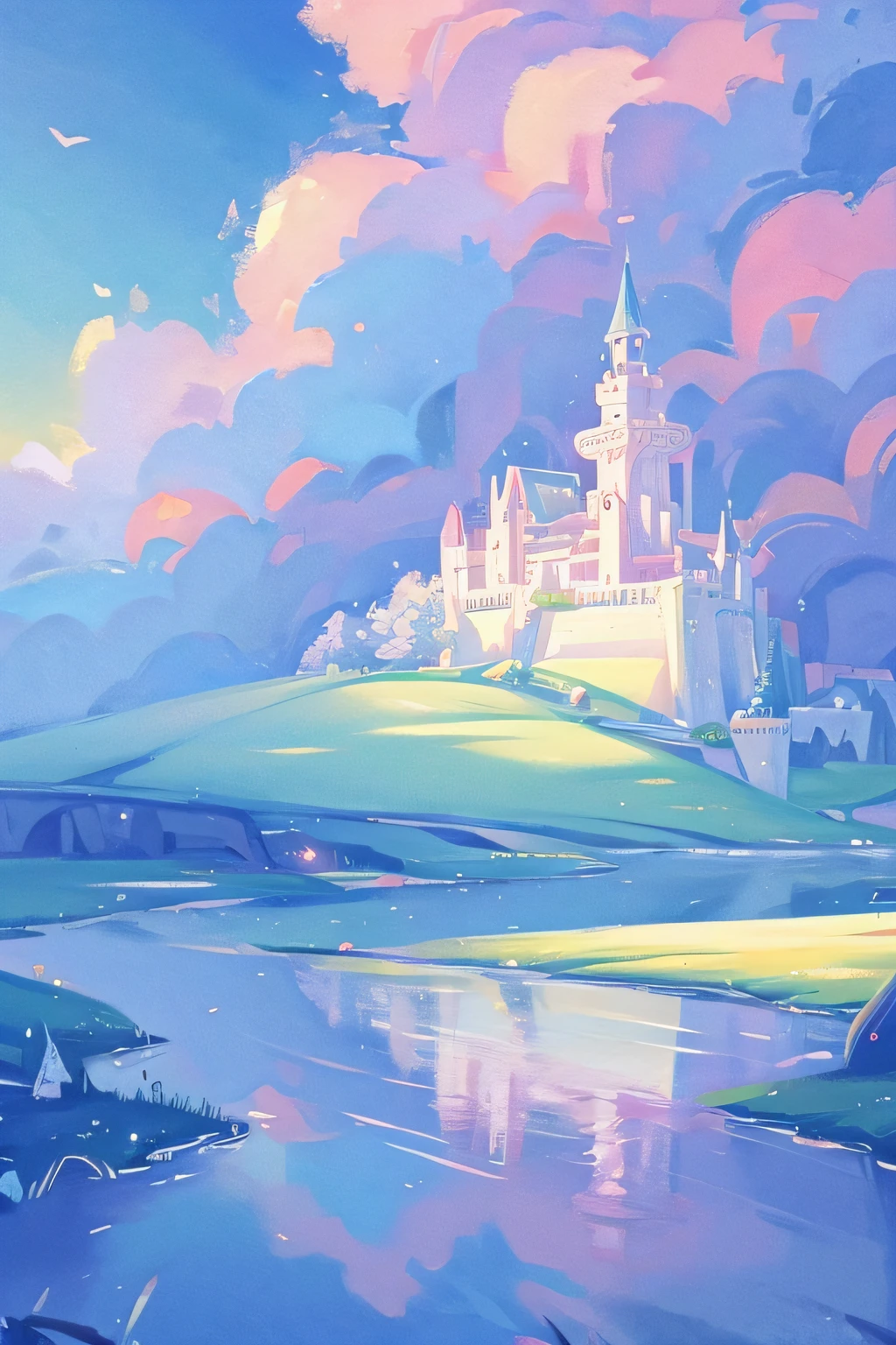 Picture book illustration, Watercolor picture book illustration, Princess Castle, Fairytale castle, Fairy tale tower, Clouds, Bright pastel colors, dream, Colorful, capricious, Magical, masutepiece, Best Quality, Sharp Focus, Complex and detailed environments, Fine detail, 8K resolution