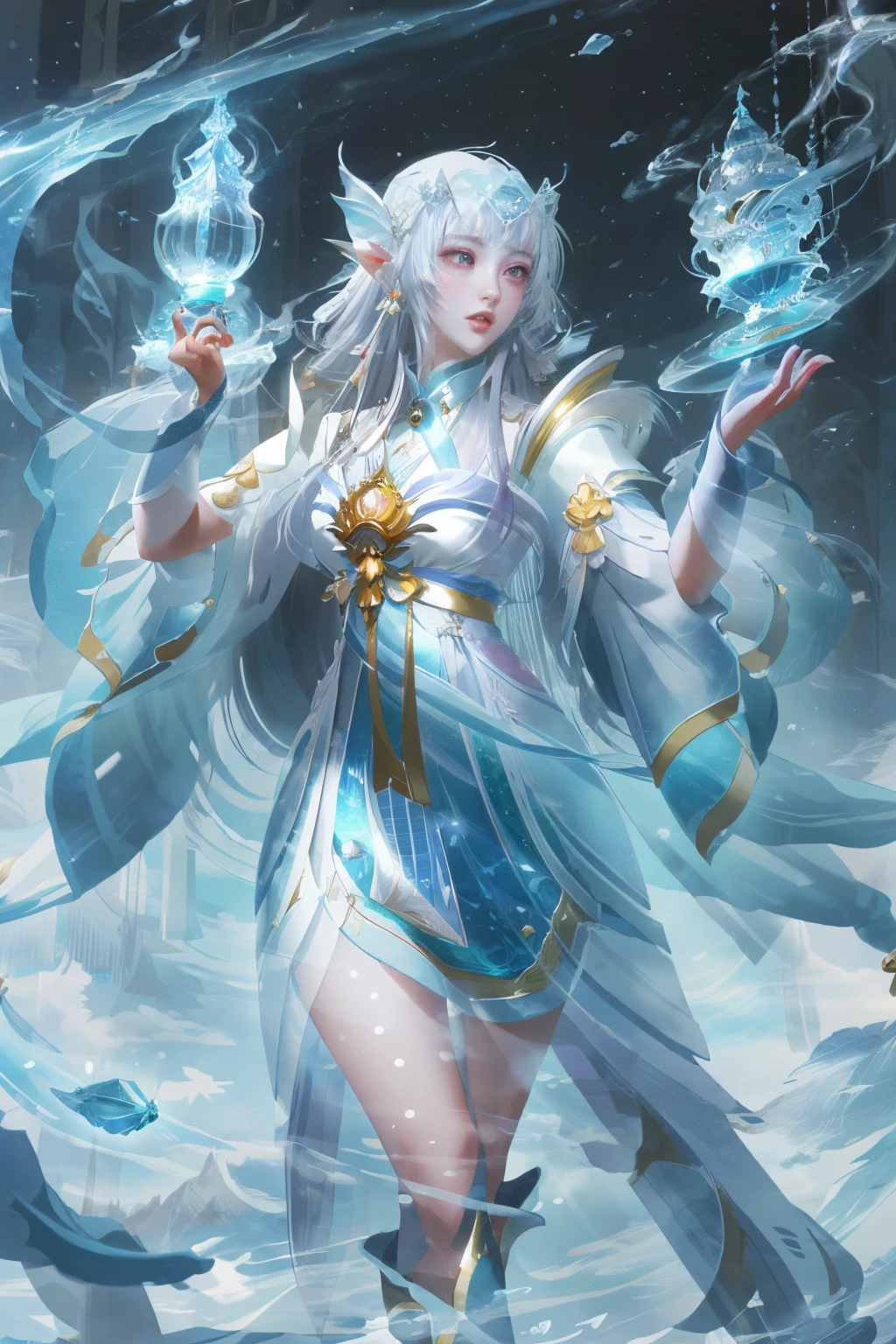 There  a woman in a dress holding a crystal ball, white-haired god, onmyoji detailed art, 《the original god》Keqing in, goddess of wisdom, Beautiful celestial mage, goddess of nature, ((beautiful fantasy empress)), Digital art on Pixiv, anime fantasy illustrations, Pixiv Contest Winner, jellyfish priestess, The Elf Queen outputs blonde hair, Hairline, Medium hair, diadems, Colored Contact Lenses, Jiliu, Full of blush, atmospurate, god light, 8K, super detailing, acurate, Best quality at best, A high resolution