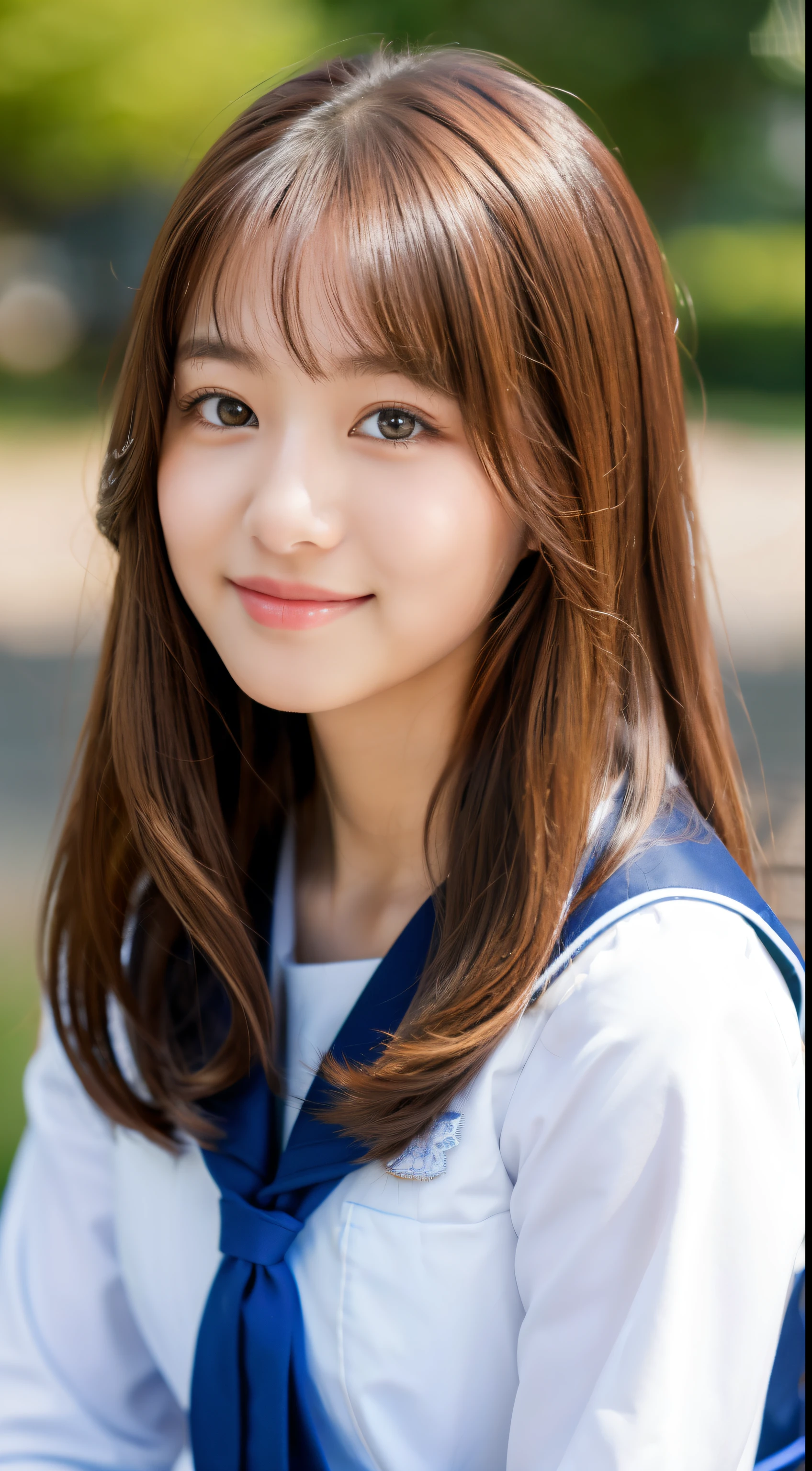 ((Cute) | (Moe)| (Dolce) High school student wearing a beautiful sailor suit、 (Japan school uniform)| ((Refreshing)| (neat)),,((4K)|( Ultra HD)),((Silver)|( long chestnut hair) | (beautiful faces detailed), Brown eyes, hairstyle on.