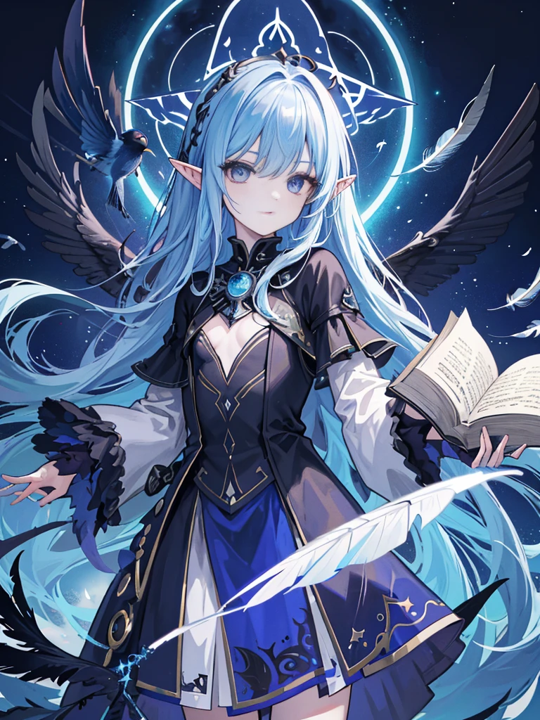 death, blood, night, darknesantasy), infinity, deep blue sky, abyss of knowledge, knowledge, ((masterpiece)),(((extreme))),((beautiful detailed eyes)),(eyelasheonster, (1 female), blue hair, long hair, abyssal eyes, shiny skin, oil, small chest, (bird body, feathers), rags, Tzeentch, elf, extremely fine CG unity 8k wallpaper, masterpiece ,((ultra-detailed)),((illustration)), colorful, wallpaper, energy, unknown horror, arcane, magic surrounding, magic surrounding, magic wand, book pages, flying all over the sky, knowing what it , predicting the future, understanding the past , Infinite Wisdom, Blue Flame, Warlock, Magic Circle, Pentagram, Mantra, Mantra, Singing Magic,