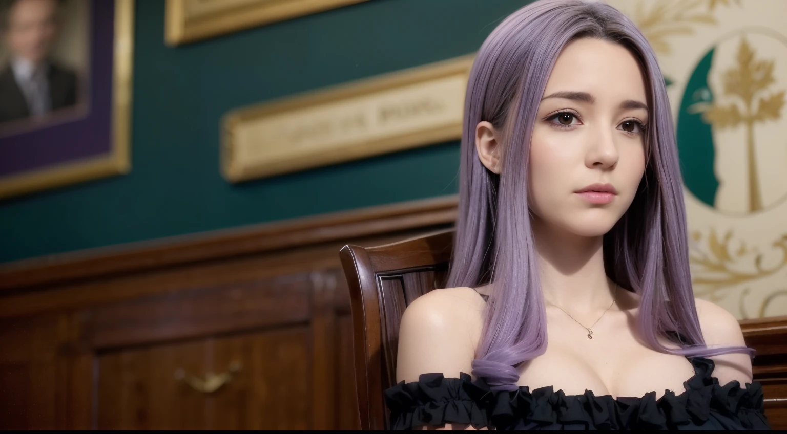 masterpiece, best quality, sharp focus, 1girl, Margaret, ((solo)), ((purple hair)), violet hair, long hair, brown eyes, large breasts, looking at viewer, edgasianc, off-shoulder dress, indoor, ((black dress)), cleavage