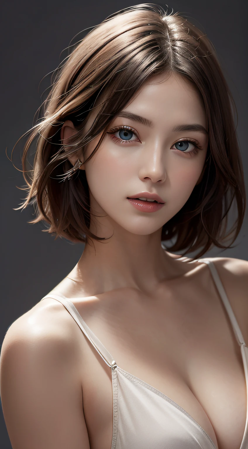 Skin Tight Top:1.2, Looking at Viewer, Cinematic lighting, Perfect, softlight, High resolution skin:1.2, Realistic skin texture, 30 years old mature woman、a small face、no-makeup、, off shoulders,Bust B Cup、Small breasts、 Exposed cleavage, Blue eyes, Short hair, dark brown  hair、fullnude、Gray background、