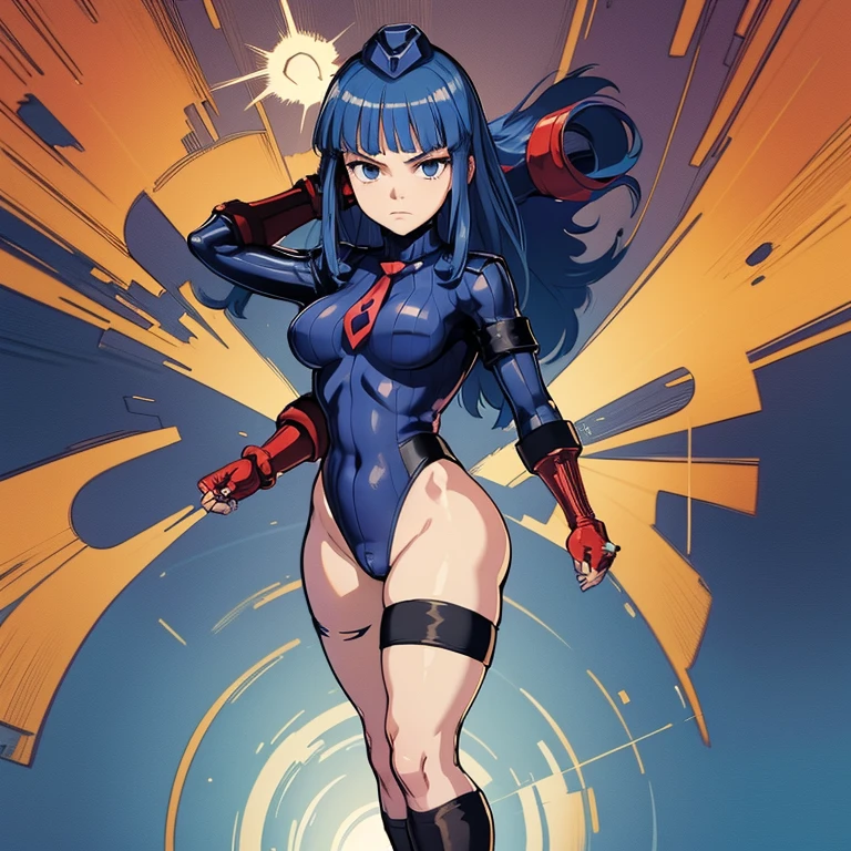 Masterpiece, Best Quality, Highly detailed, illustration, absurdres, street fighter, doll suit, shadaloo doll, nazi saluting, military, military saluting, salute, 3girls, teams, expressionless, blank eyes, looking at viewer, red gloves, emotionless, black latex, corrution, zofa suit, zofa soldier, mind control, female combatant, full body, hypnotized, standing, standing at attention, unhappy trance, full body suit, leotard, eagle emblem, belt, Blue hair, blue eyes, Frederica Bernkastel, Umineko When They Cry