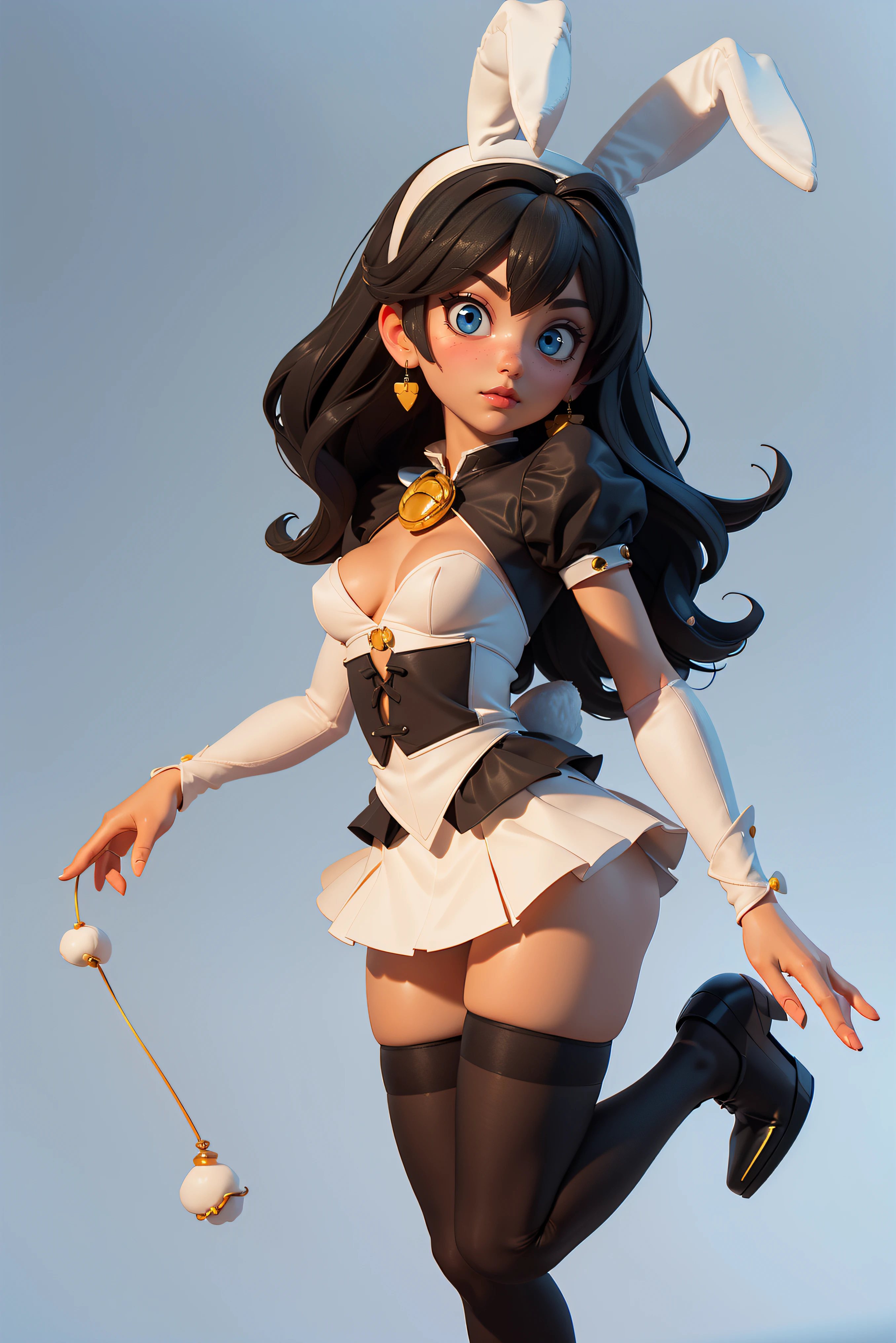 masterpiece, high res, 4k, (perfect anatomy:1.5), perfect long legs, perfect arms, white bunny ears, long black hair, maid outfit, (black stockings), black high heels, cute face, rose cheeks, tiny body, medium breasts, sexy pose, sexy body