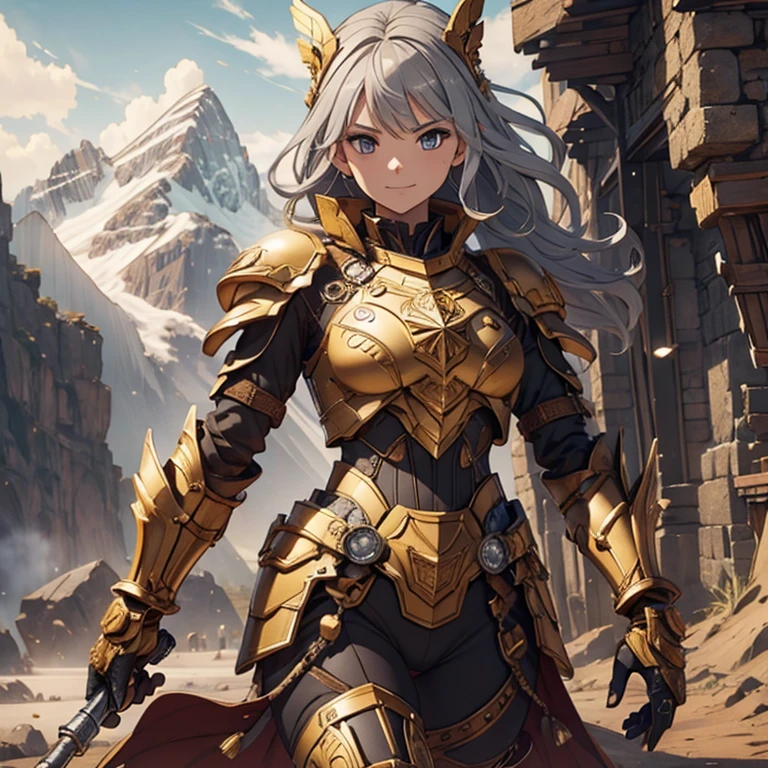 Master piece, 8k, ultra detailed, bronze armor, yellow topaz encrusted, woman, browny grey hair, browny grey eyes, smiley face, full body frame, andes mountain range background