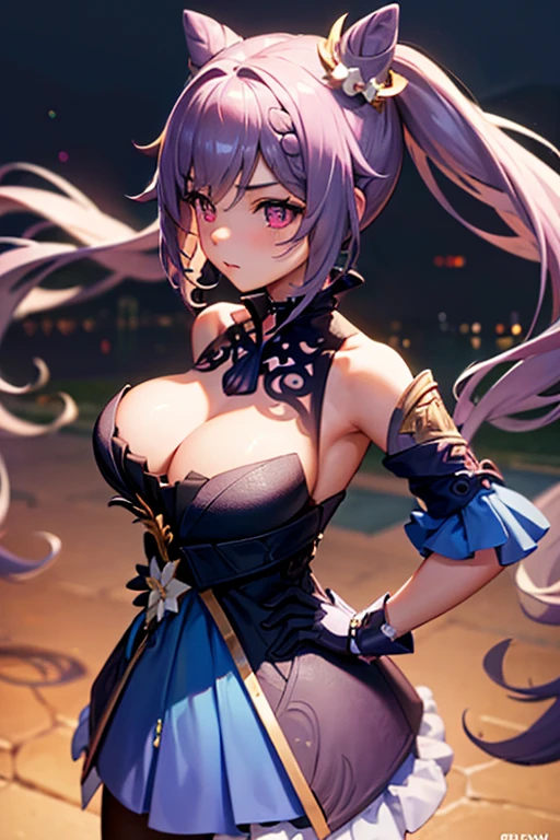 ((highly detailed)), genshin impact, keqing, perfect human hands,(great breast:1.1),relaxed pose, ((fit female)) , super perfct body curve, masterpiece, 4K, detailed, perfect face, (20 years old) language, fit figure, gorgeous perfect face, happy expression, realistic style and super detailed renderings, superrealism, super-realistic oil, contour shadow-procesull body portrait, standing, (((hands on waist))), high res, ultrasharp, 8K, masterpiece, looking at viewer, blushing, chinese city in the background, super detailed eyes