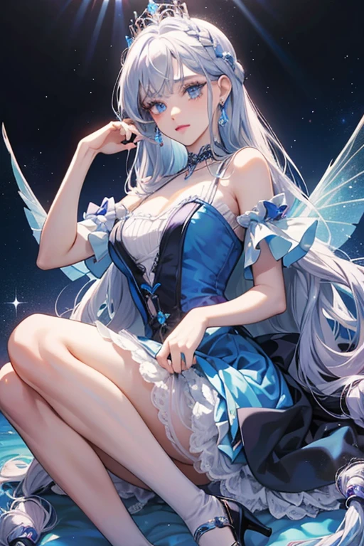 She has a medium build with pale delicate blue skin and silvery blue eyes. Her makeup consists of black mascara, ombre purplish-pink eyeliner, light blue eyeshadow, delicate blue cornered eyeshadow, and shimmering blue-to-indigo lipstick. She also has long white hair with very light silvery tinsels and a different shade of delicate blue tint, trimmed straight cut bangs on her forehead, a piece of braid on the crown of her head and long wisps of hair framing her face. For her main outfit, she wears a delicate blue tulle dress with silver glitter, satin lining and beautiful die cut florals in chiffon with beads, and her dress is embroidered with black thread iridescent organza that says “Shadow High School” in French. She also wears silver heels with molded diamond bows, and teardrop pointed earrings with faux diamonds and pearls. Accessorizing her dress are shiny iridescent fairy wings and a wire petticoat underneath lined with various white bows