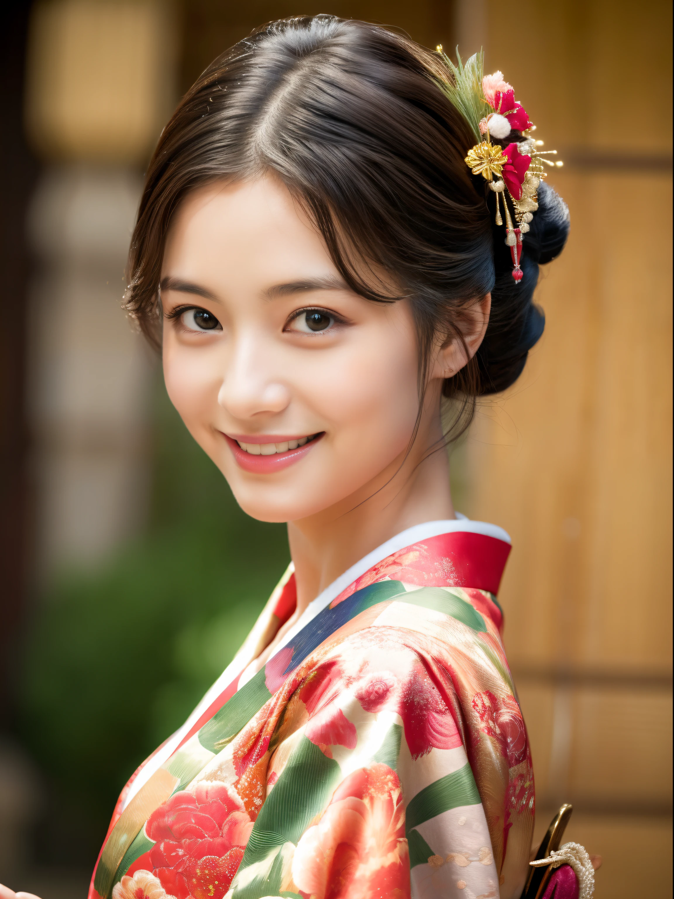 high-definition picture,Unparalleled beauty details,Kimono, Obi, (8K, Raw photo, Best Quality, masutepiece: 1.2), Details of a beautiful woman wearing beautiful Japanese clothes,(Realistic: 1.6), (masutepiece), (Best Quality: 1.0), (Ultra Hi-Res: 1.0), detail, 20s, One, Detail beautiful skin,Standing in front of a curtain,Full body high-definition painting,Smiling and looking at the camera， Detail room, ,Realistic skin,,Full body high-definition painting