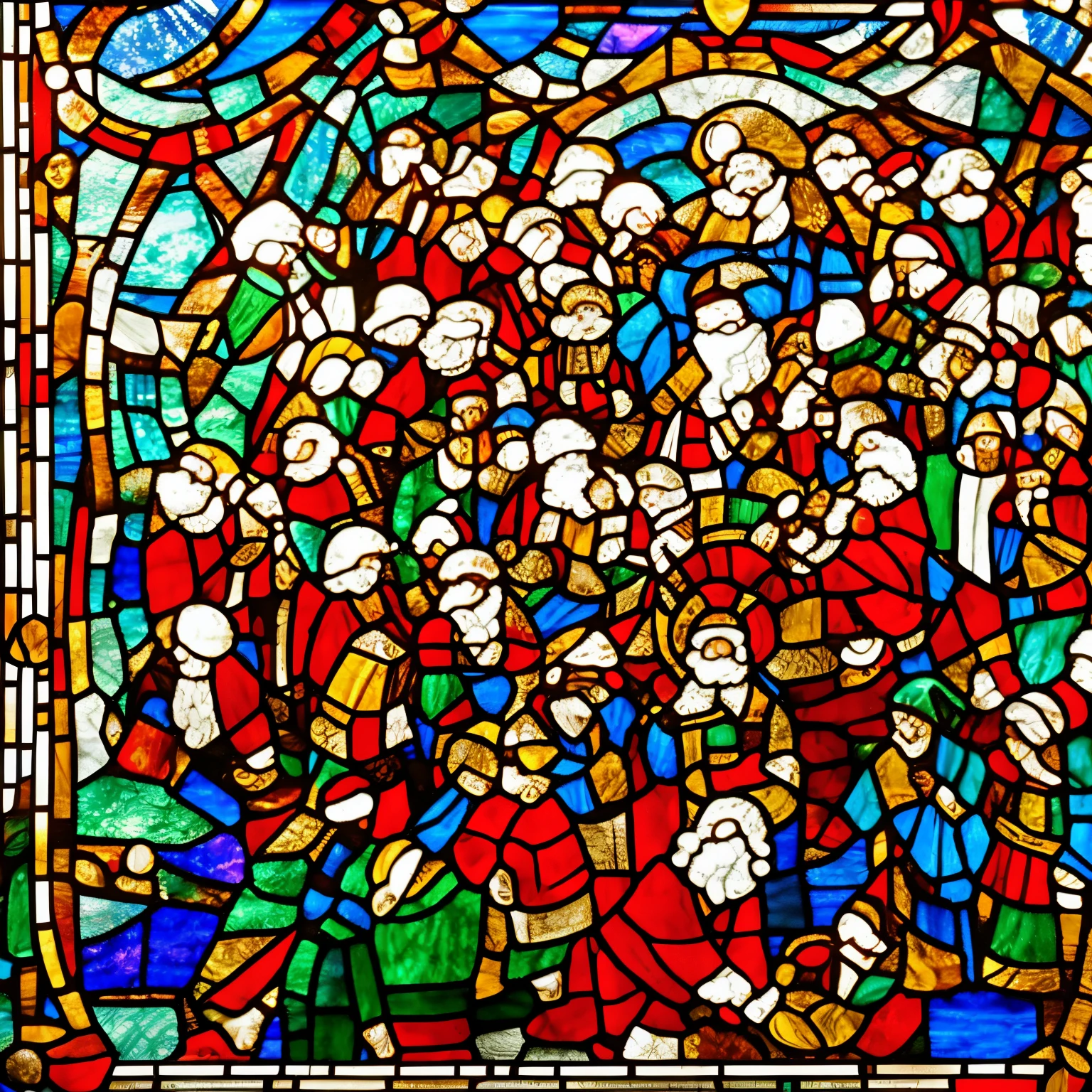 portrait, super high quality, 8k, RAW photo, realistic, detailed and delicate depiction and flashy and dynamic painting method, stained glass pattern style, black line color art, Santa Claus, reindeer, and Christmas trees in the stained glass, people offering prayers cut out in black, carefully calculated stained glass pattern, background kaleidoscope, professional flare lighting