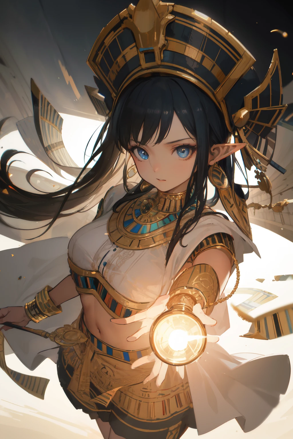((Best quality, 8k, Masterpiece :1.3)), young elf woman, egypt concept, Egyptian clothing, Ornate bracelet, with an egyptian embroidered, bright eyes, sweet expression,perfect face, detailed eyes, arches, middle east egyptian town, (people crowds past:0.8), egyptian people middle East, dynamic composition, craig mullins, (dynamic angle), (depth of field:1.2), intricate insanely detailed,sharp focus, aestheticism, Cinematic lighting, art by Artgerm, by wadim kashin, by Kawacy, by Yusuke Murata