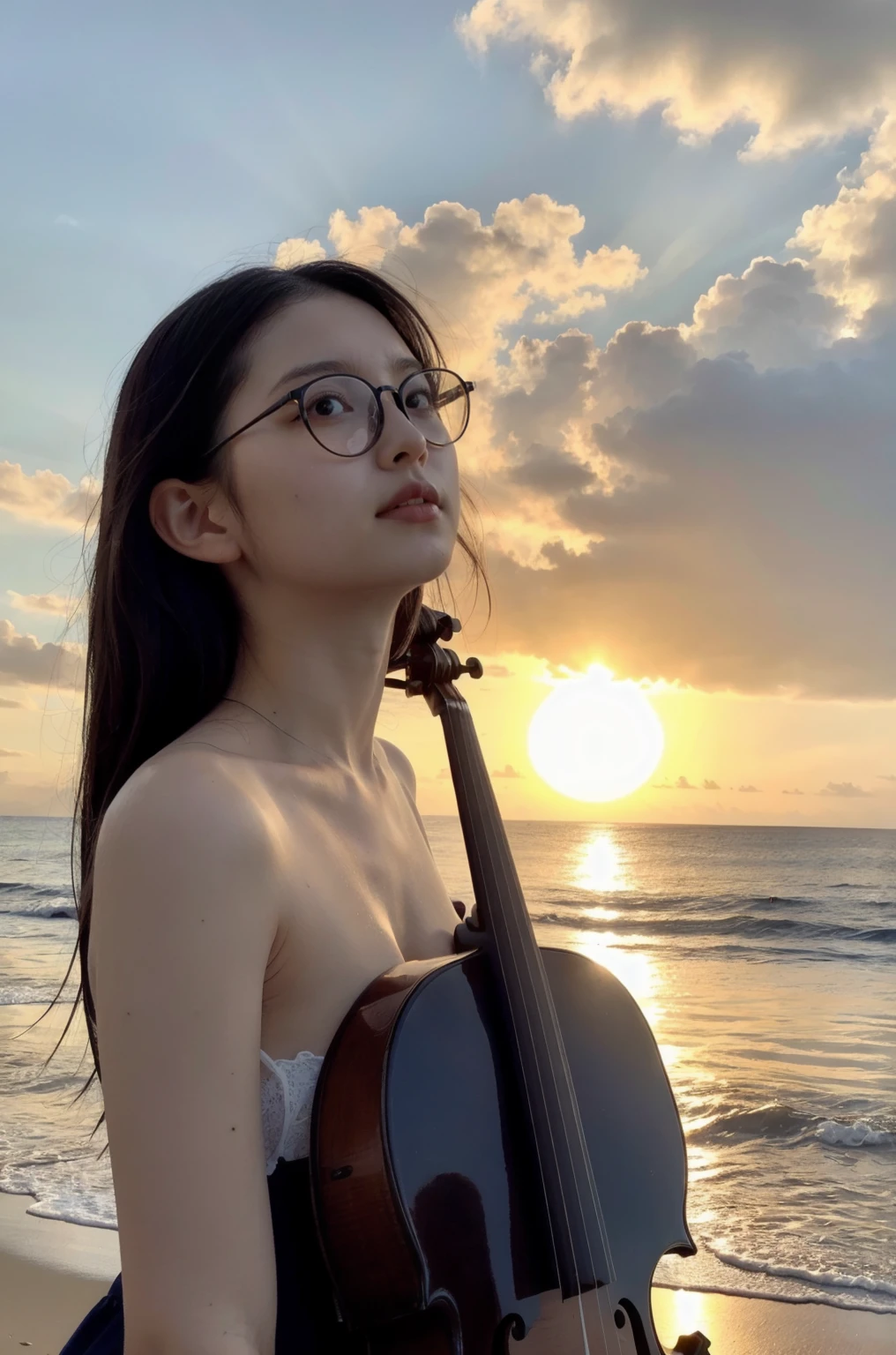 Playing the cello、woman、A heavy eyelid、fullnude、Beach、Face illuminated by the setting sun、Angle of view from below、fully body photo、Black-rimmed glasses