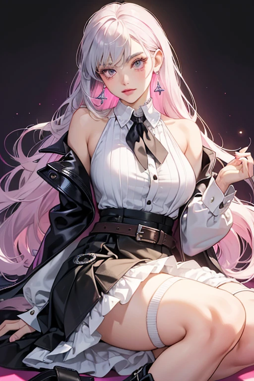 Karla has a medium build and very light pink skin and grayish lavender eyes. For her makeup, she has icey pink and dark silver eyeshadow, white eyelashes and eyebrows, topped with light pink blush and lipstick. She has icey pink long hair that’s mostly worn down, being tied up on the top of her head. Karla wears an outfit which consists of a white puff-sleeved shirt with a black tie that has a shiny Shadow High button pin in the middle. On top of that is an icey pink sleeveless buttoned dress going down on some of the flaps, this piece has 2 pockets on it. On her hands are icey pink fingerless gloves with "SH" embroidered on them. She has a leather belt that has the letter "S" on it. Her earrings are huge letter monograms of S and H, connected with silver dangling chains which has a white jewel attached to both ends. She wears thigh-high black leather boots which are unzipped about 1/3 of the way up the shoe with buckles. Her fingernails are painted white, and pointy.