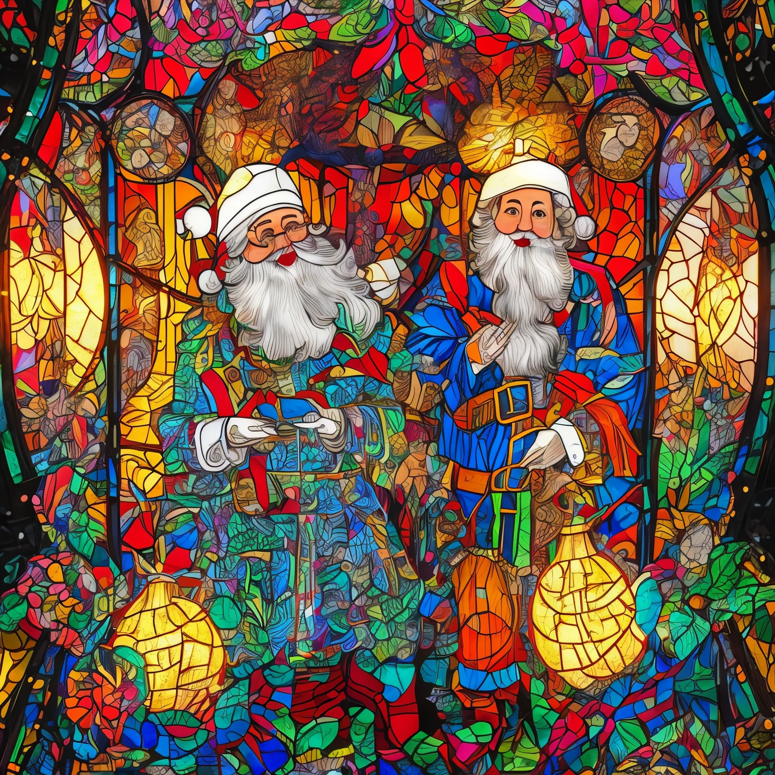portrait, super high quality, 8k, RAW photo, realistic, detailed and delicate depiction and flashy and dynamic painting method, stained glass pattern style, black line color art, Santa Claus, reindeer, and Christmas trees in the stained glass, people offering prayers cut out in black, carefully calculated stained glass pattern, background kaleidoscope, professional flare lighting
