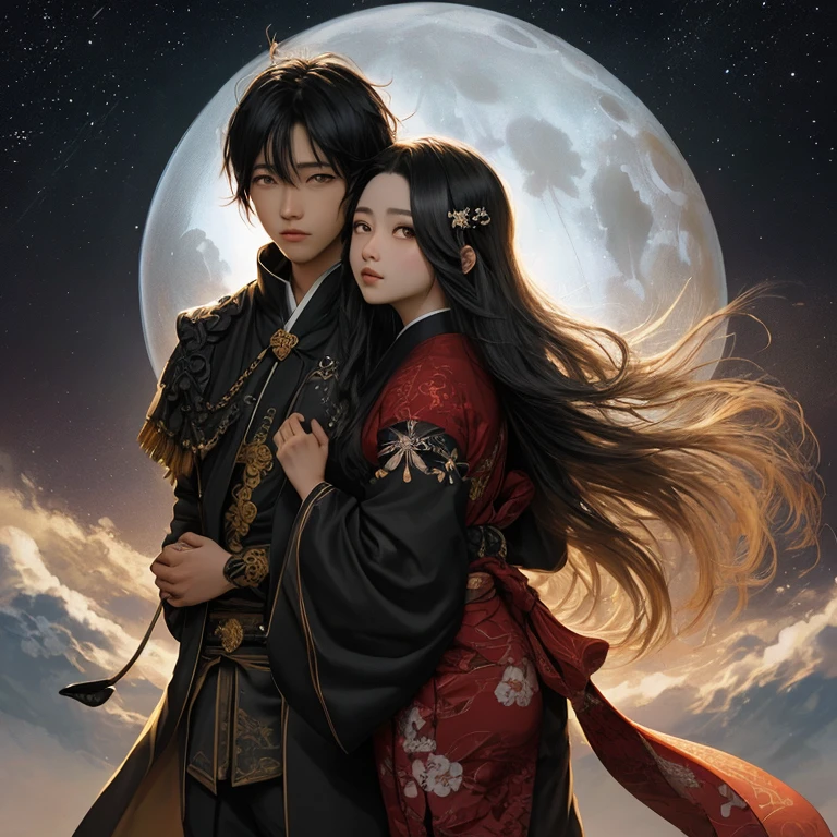 amor sob o fundo da lua prateada Na frente quero dois adultos uma kitsune de 30 anos, long black hair and a man Neck length Asian hair light skin black (master part) 8K resolution, Go.. Luz, Jovem bonito olhando para a lua, Deus Senhor, cabelo longo liso preto, hazelnut eyes, olhos negros, cara triste, Roupas japonesas, Mizudry, estilo fantasia,